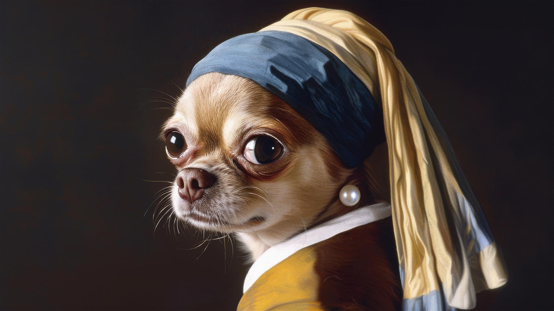 Chihuahua in yellow with pearl earrings and blue hair bands on black