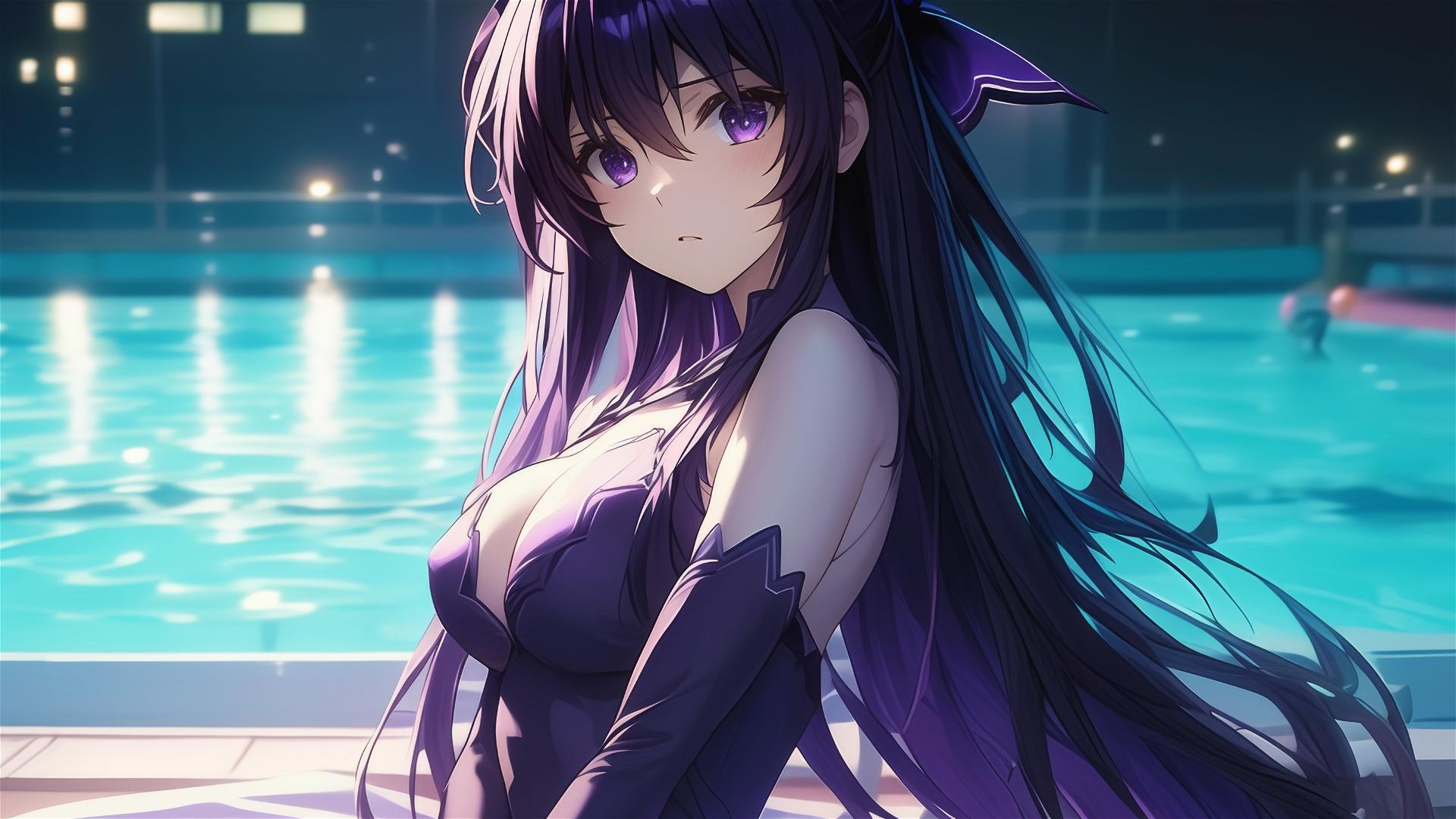 Tohka Yatogami from Date A Live in pool under moonlight with dark-purple hair and eyes