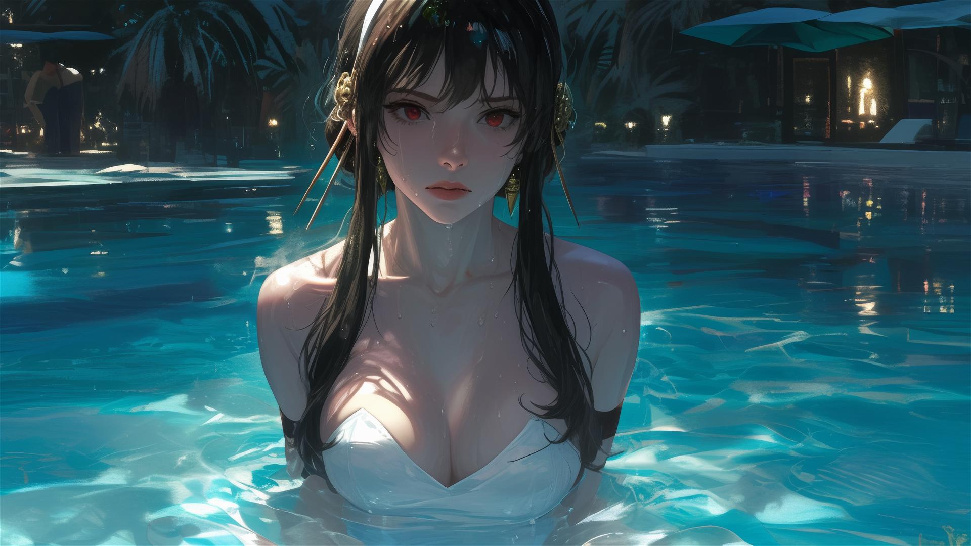 Yor Forger from Spy x Family in white bunny girl outfit in a pool with moonlight and rain