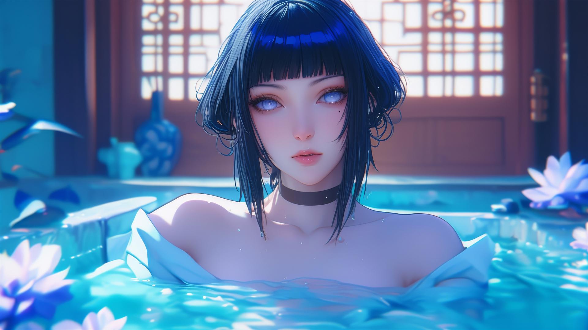 Hinata Hyuga from Naruto inside a flower-filled tub in a Chinese spa, with white eyes.