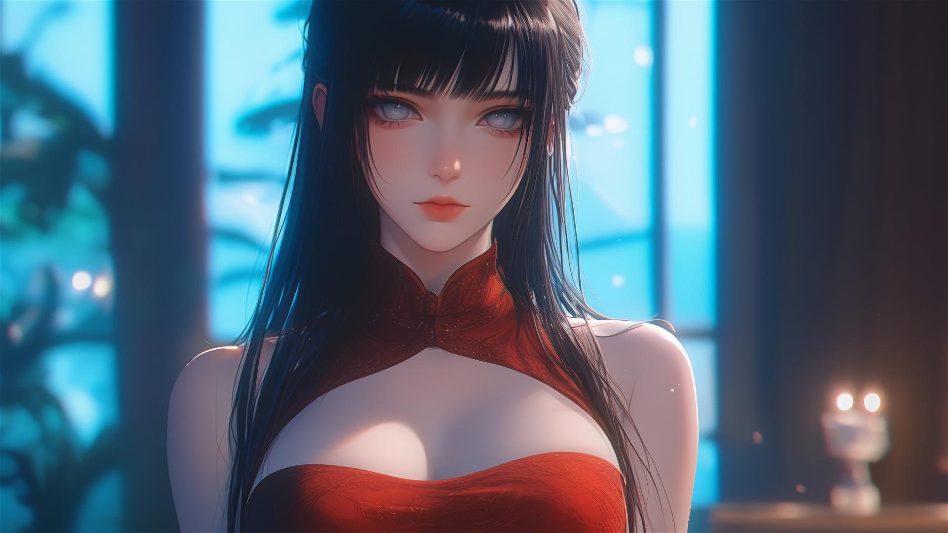 Hinata Hyuga sitting in modern hotel with warm light, white eyes, red dress.