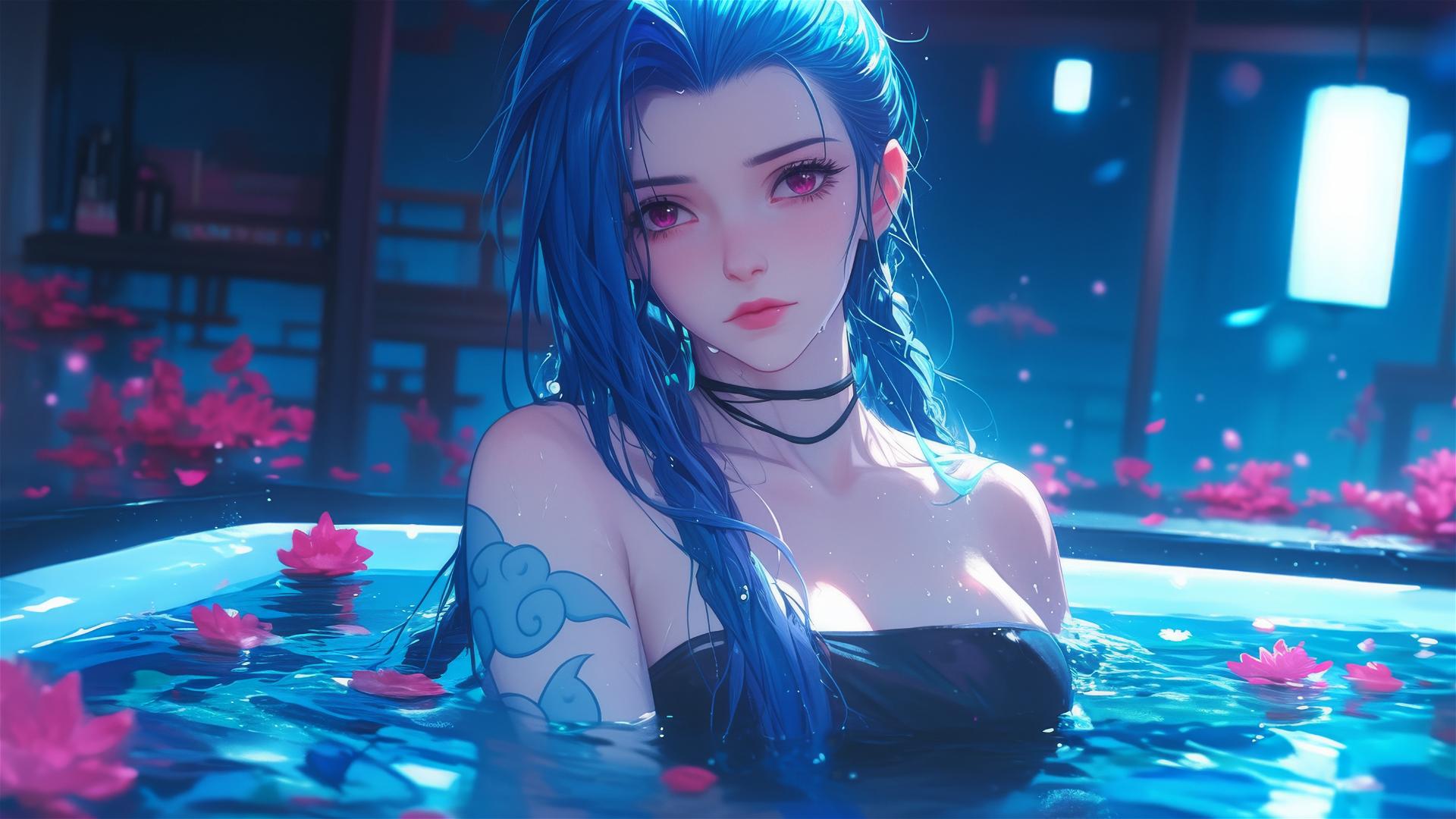 Jinx from League of Legends in a tub of flowers at a Chinese spa.