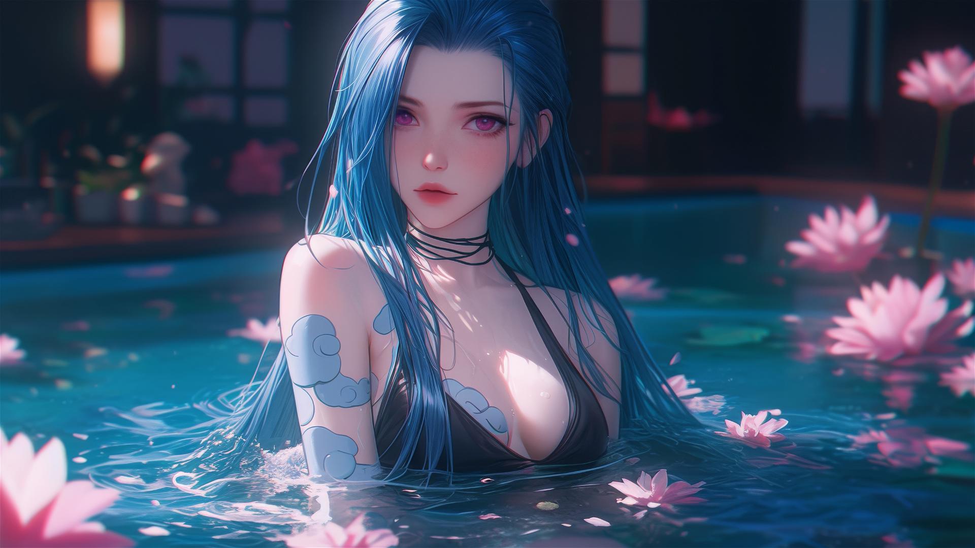 Jinx from League of Legends in a flower-filled tub in a Chinese spa