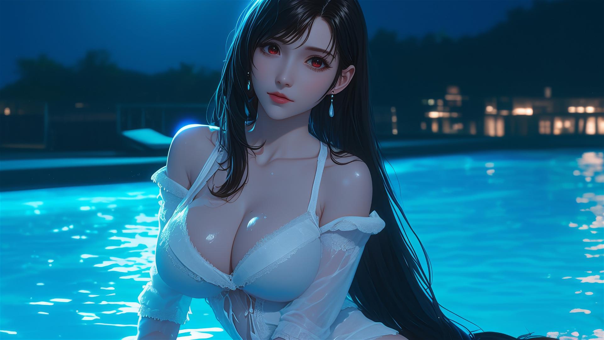 Tifa Lockhart in white silk pajamas resting by a pool under soft moonlight.