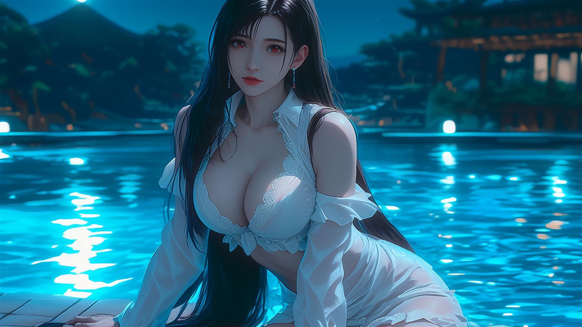 Tifa Lockhart resting in white silk pajamas by a swimming pool under moonlight.