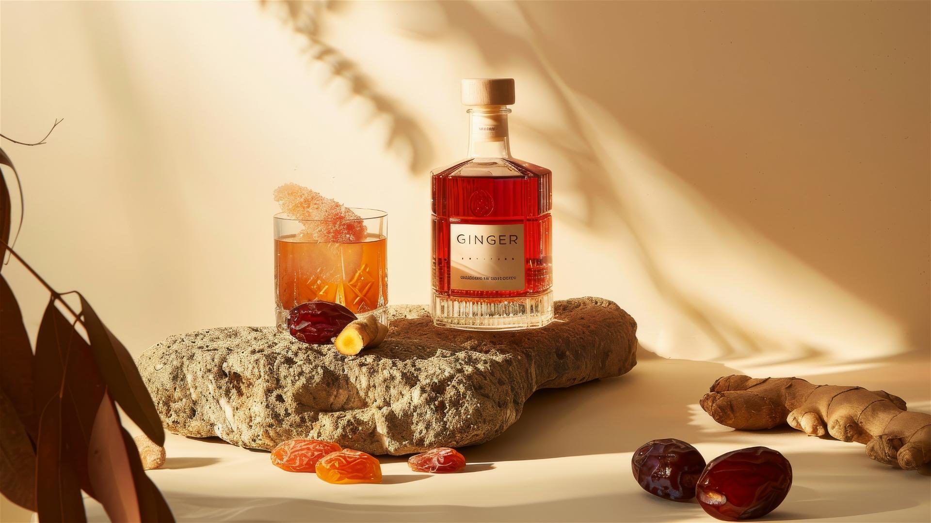 Brandy bottle labeled 'GINGER' with ginger cocktail and dried red dates on a rock