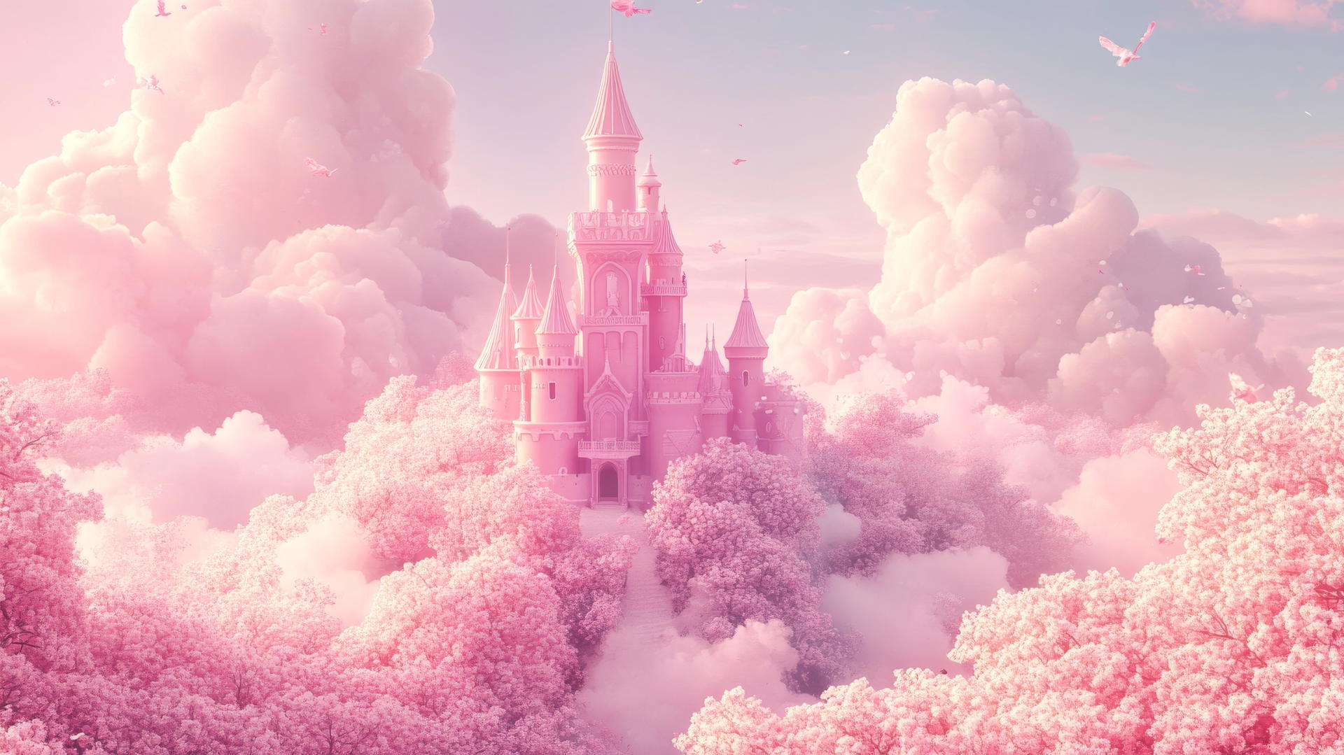aesthetic pink wallpaper with whimsical pink castle and cherry blossoms