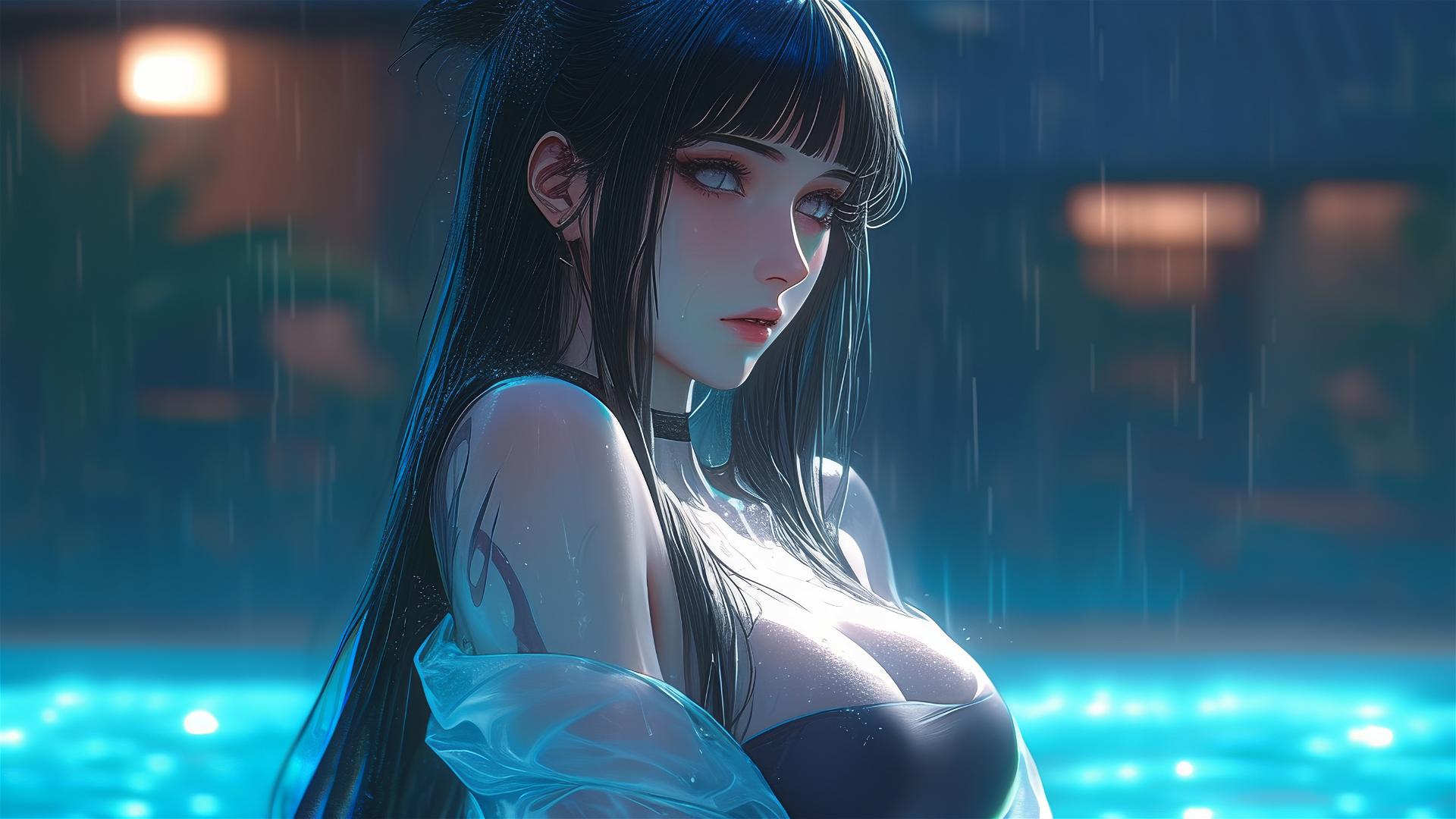 Hinata Hyuga resting by a pool in moonlight with rain
