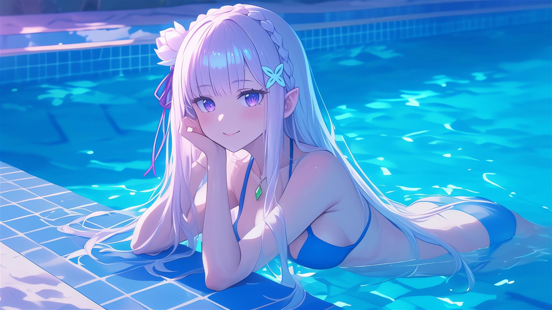 Emilia from Re:Zero relaxing in a pool under moonlight