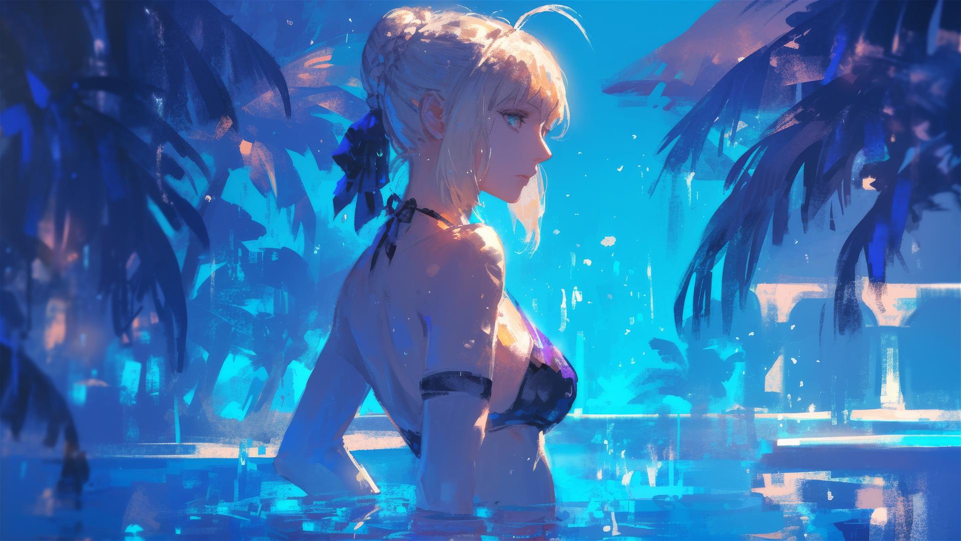 Saber from Fate/Zero standing in a pool under moonlight