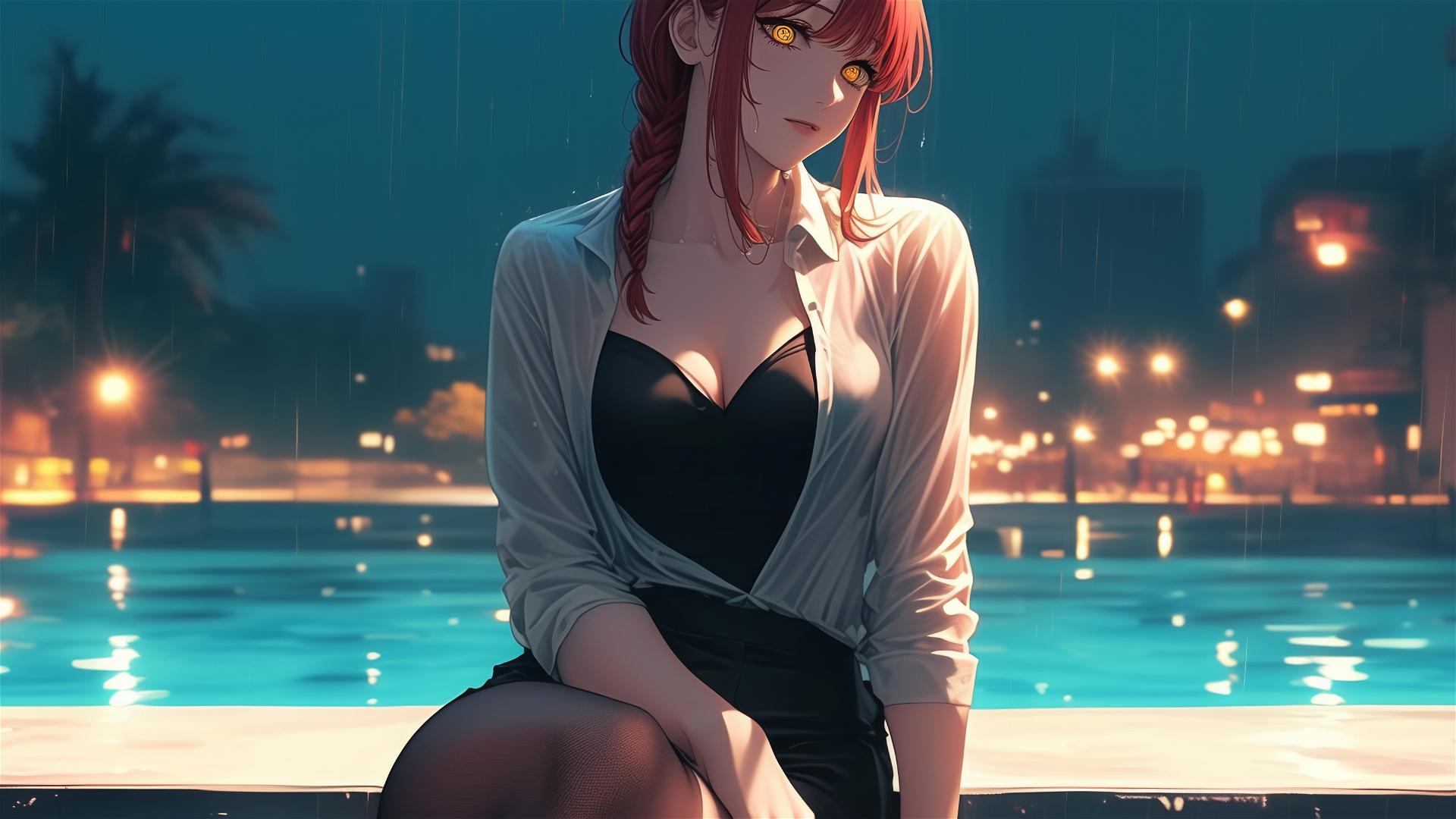 Makima from Chainsaw Man by the pool, rain, moon glow, red hair, heels, bunny style