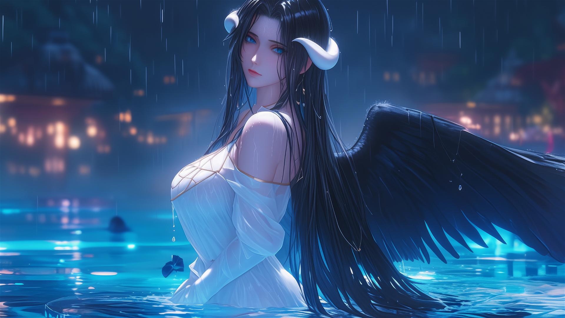 Albedo from Overlord in rainy pool under moonlight