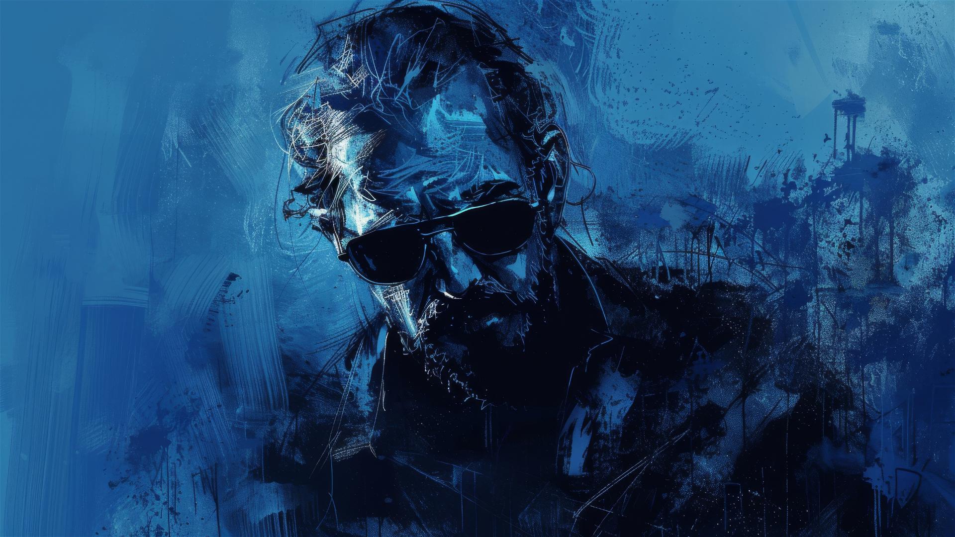 Smart character with sunglasses in moody blue brushstroke background