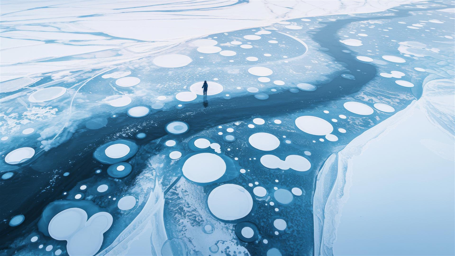 Frozen river with trapped bubbles creating patterns under ice