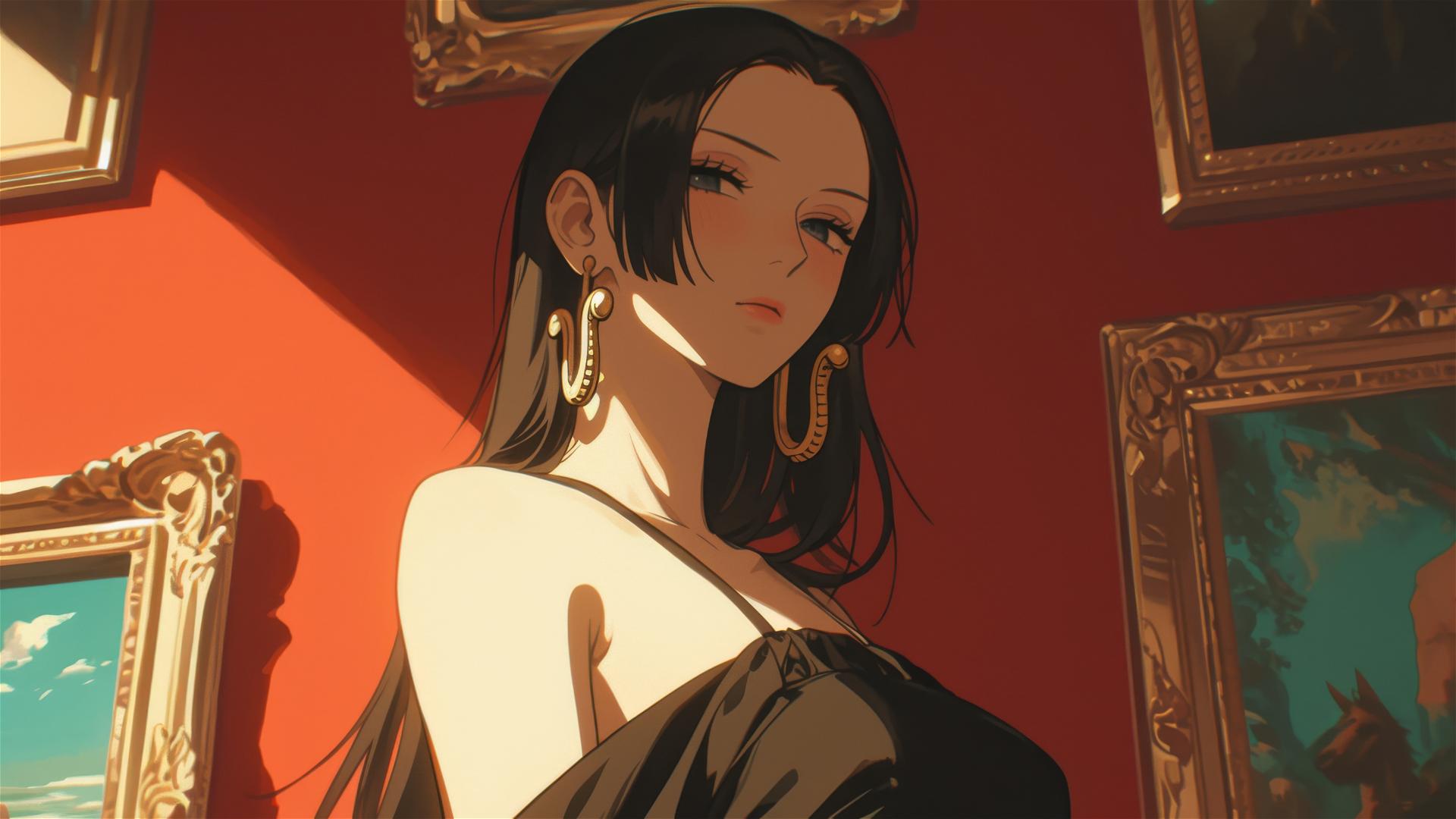 Boa Hancock from One Piece in an art gallery with soft lighting