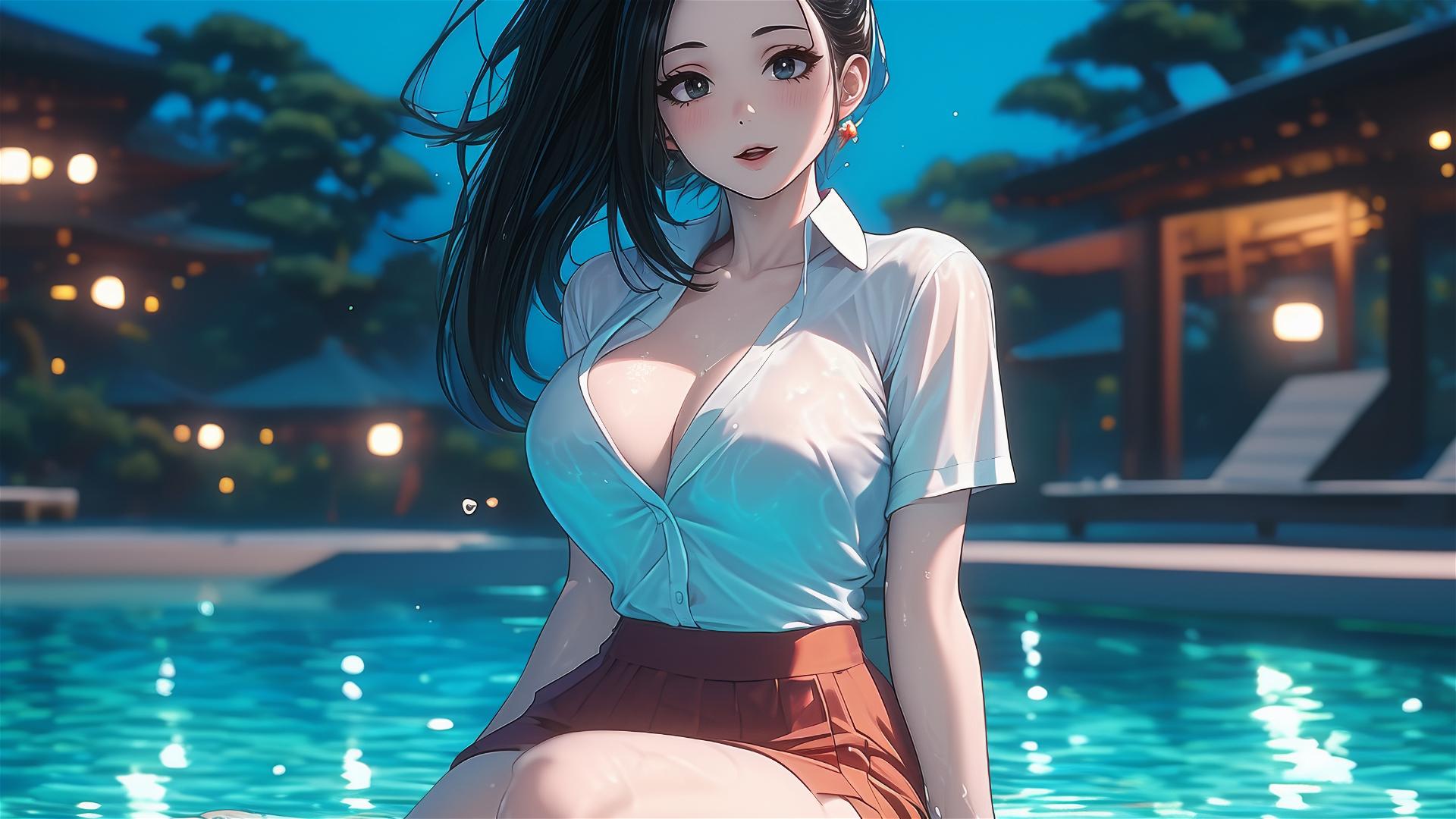 Momo Yaoyorozu from My Hero Academia resting by a swimming pool under moonlight