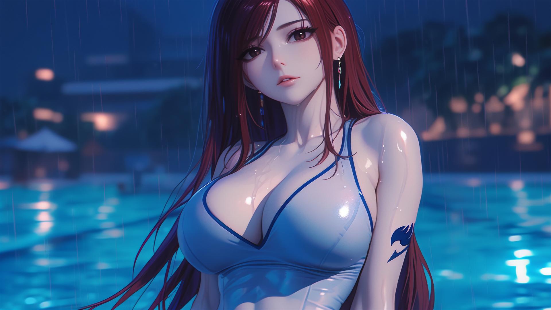 Erza Scarlet from Fairy Tail relaxing by a rainy swimming pool under moonlight
