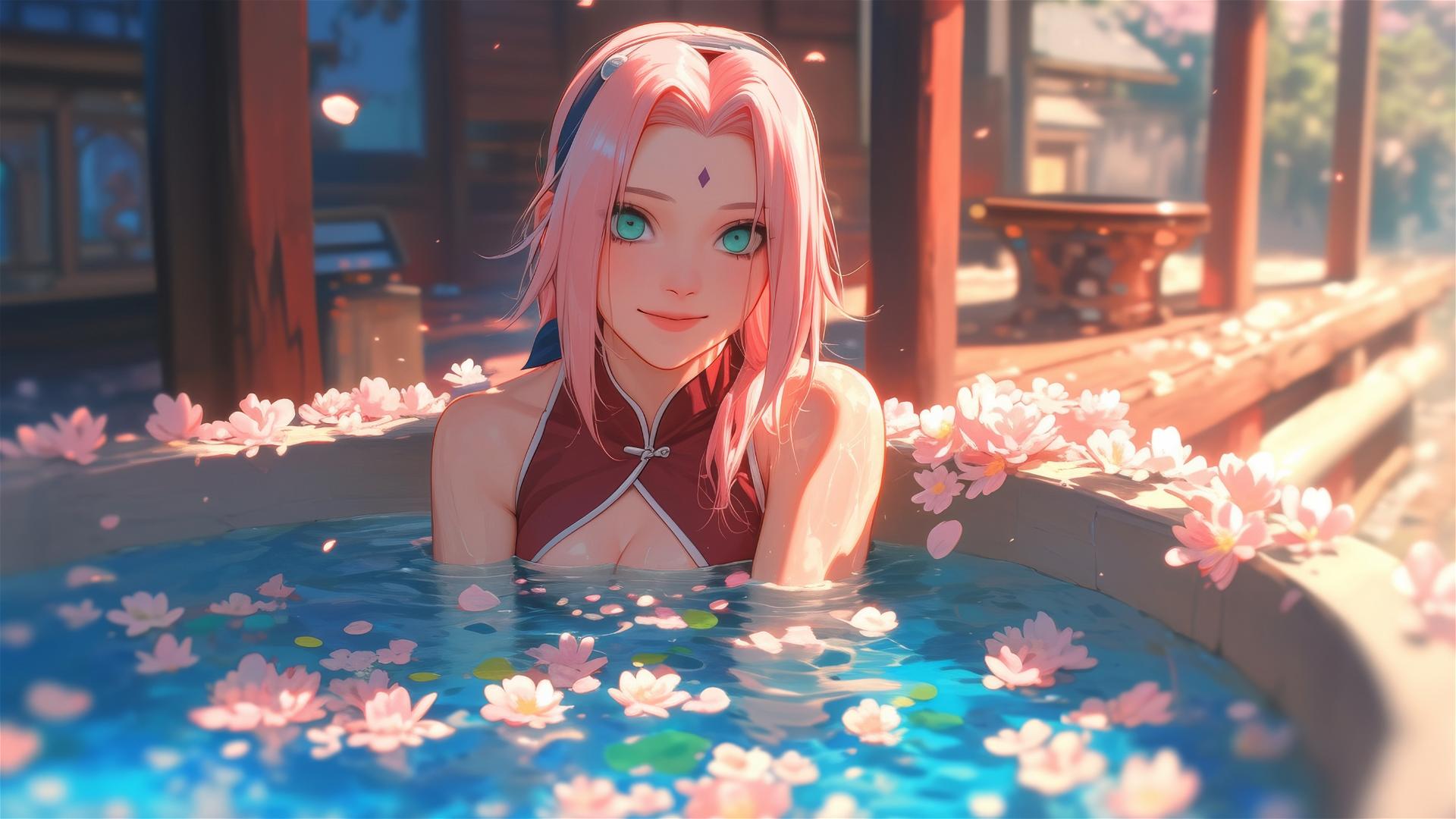 Sakura Haruno from Naruto in a tub of flowers at a Chinese spa