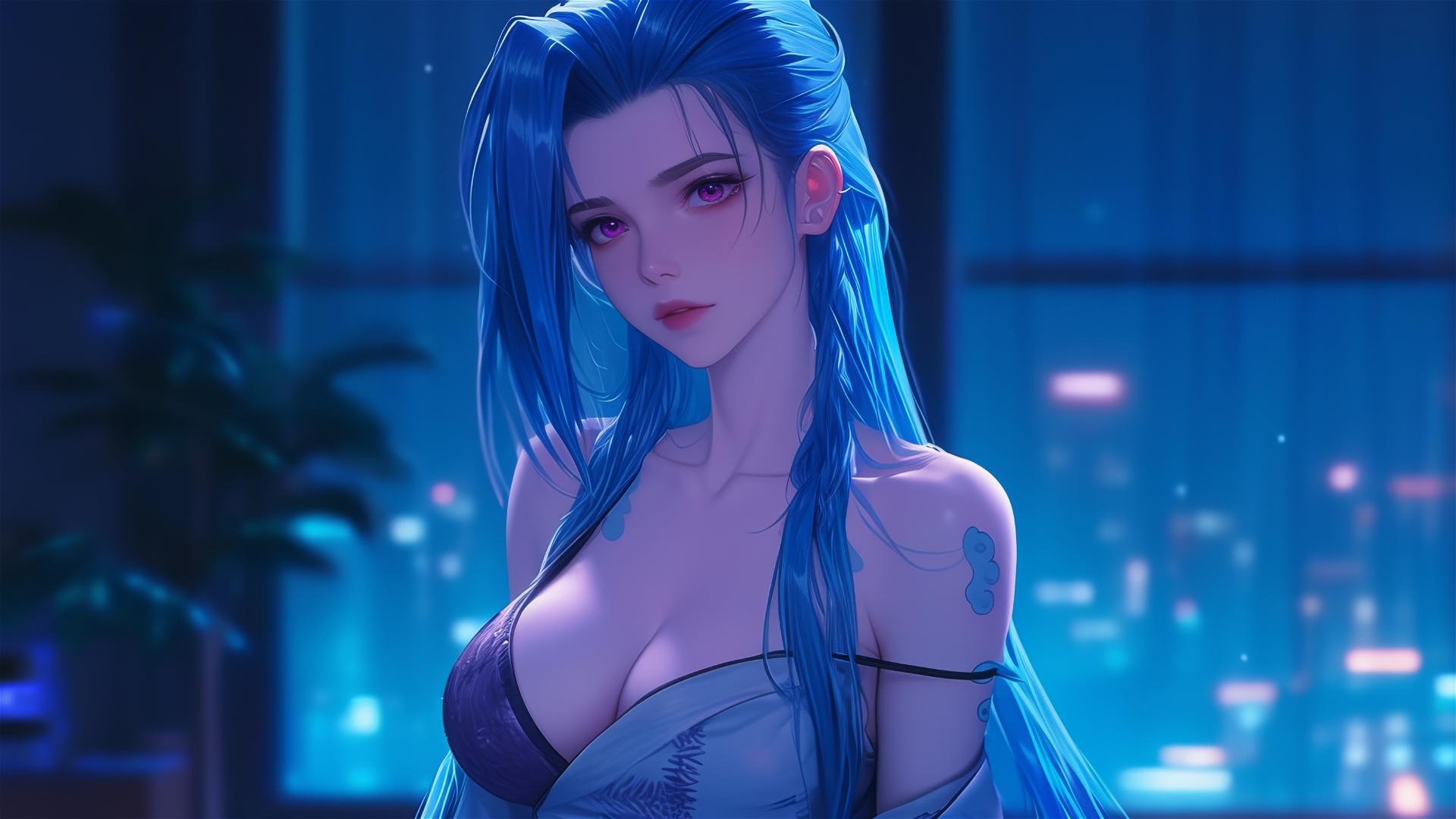 Jinx from League of Legends standing in apartment at night