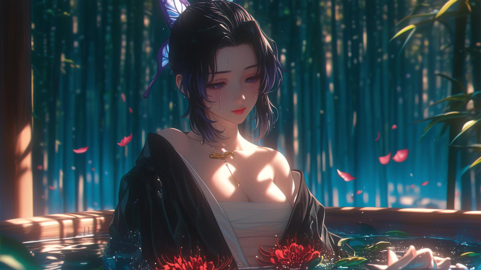 Shinobu Kocho from Demon Slayer in a tub full of flowers at a Chinese spa.