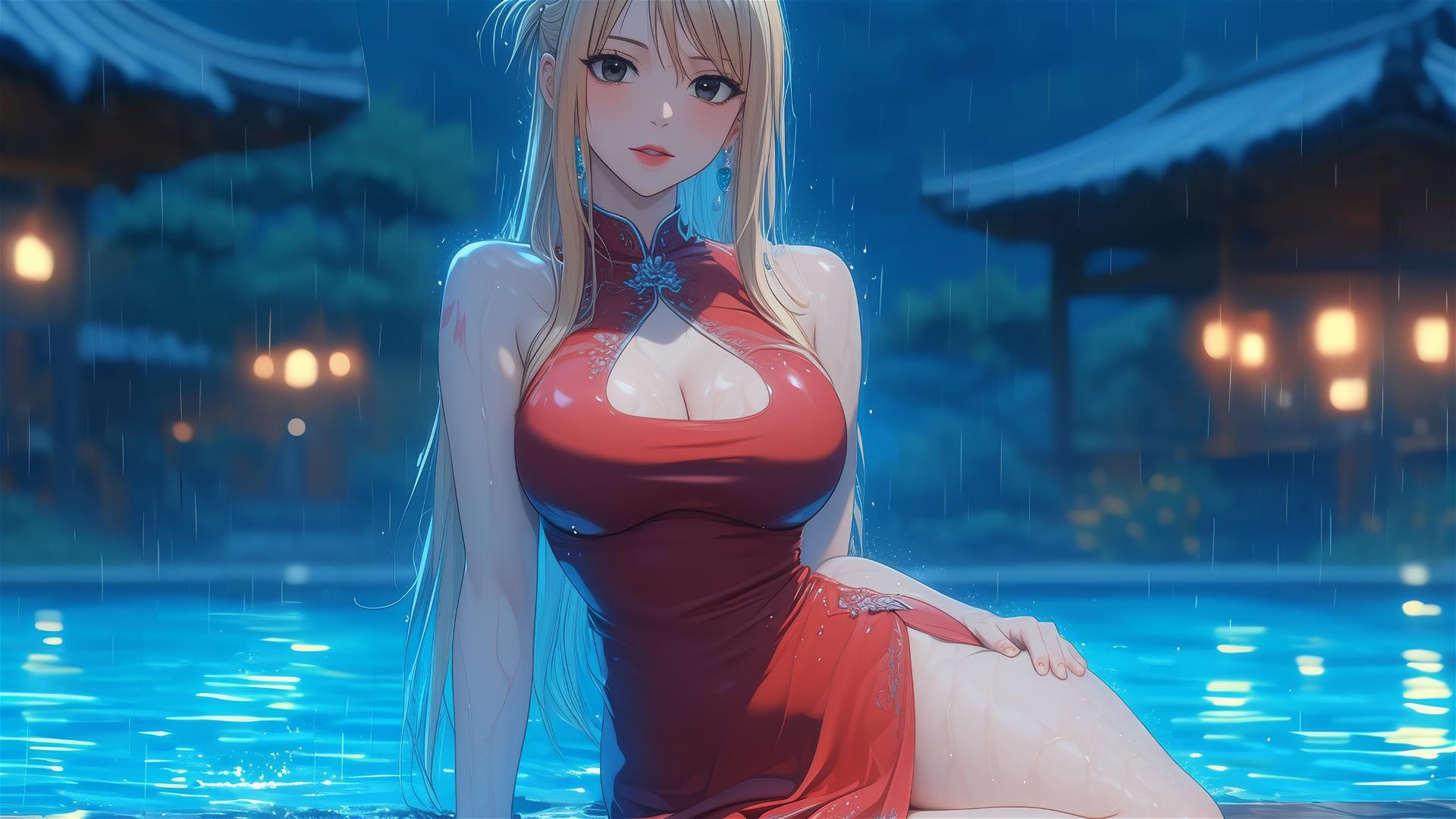 Lucy Heartfilia in a red dress resting by a rainy swimming pool.