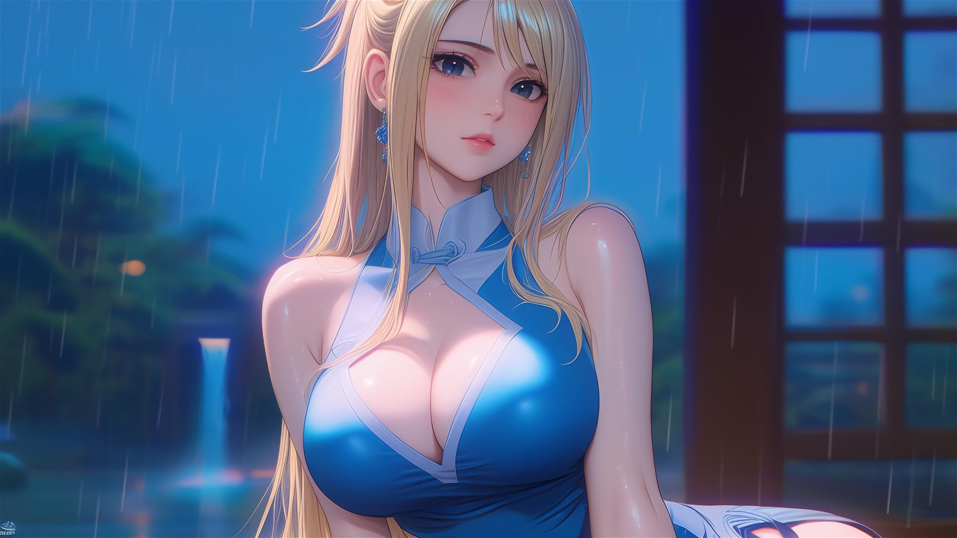 Lucy Heartfilia from Fairy Tail resting in an apartment under moonlight