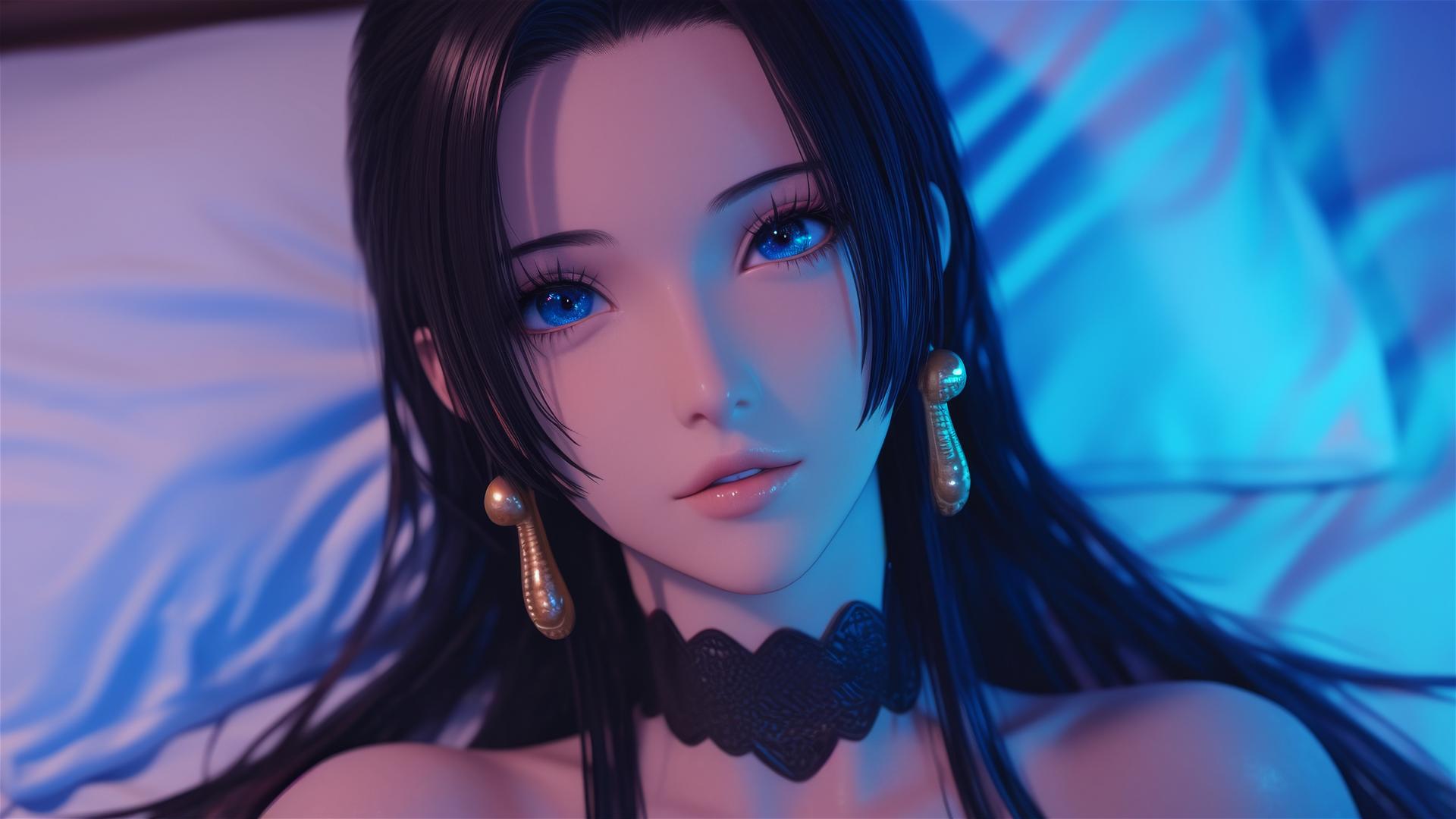 High angle of Boa Hancock from One Piece in bed, black and pink leather, neon colors