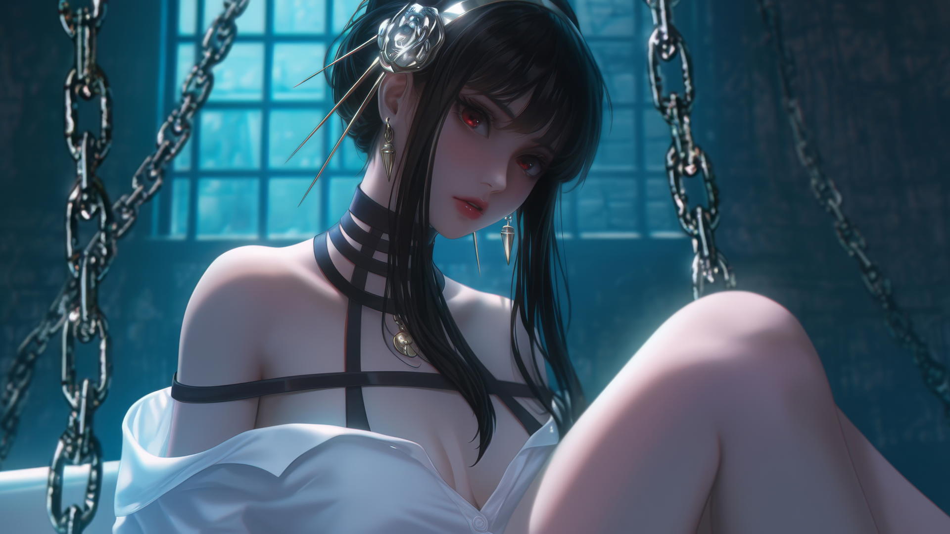 Yor Forger chained in a tub with neon light glow