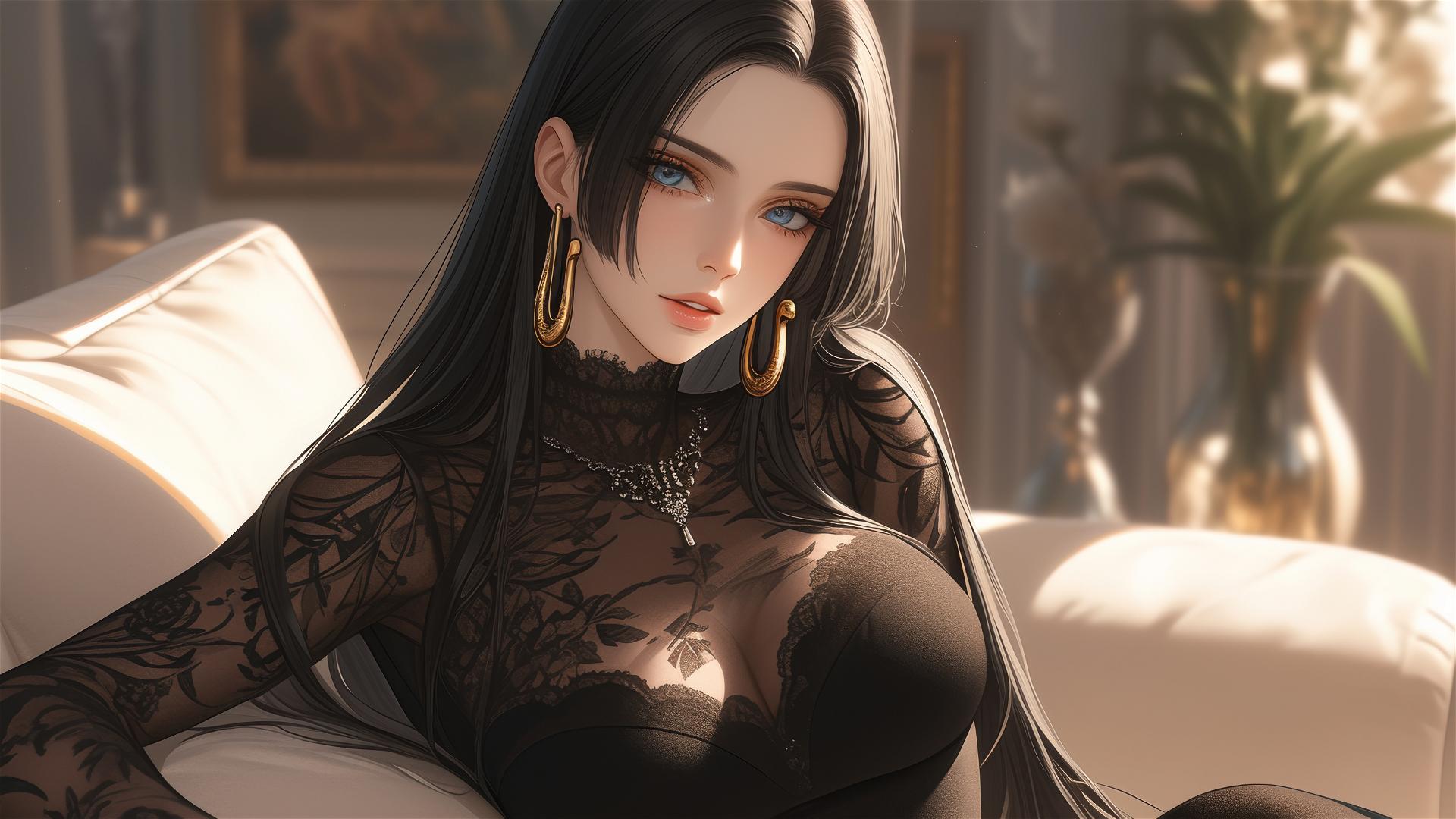Boa Hancock strolling in an art gallery under soft lighting