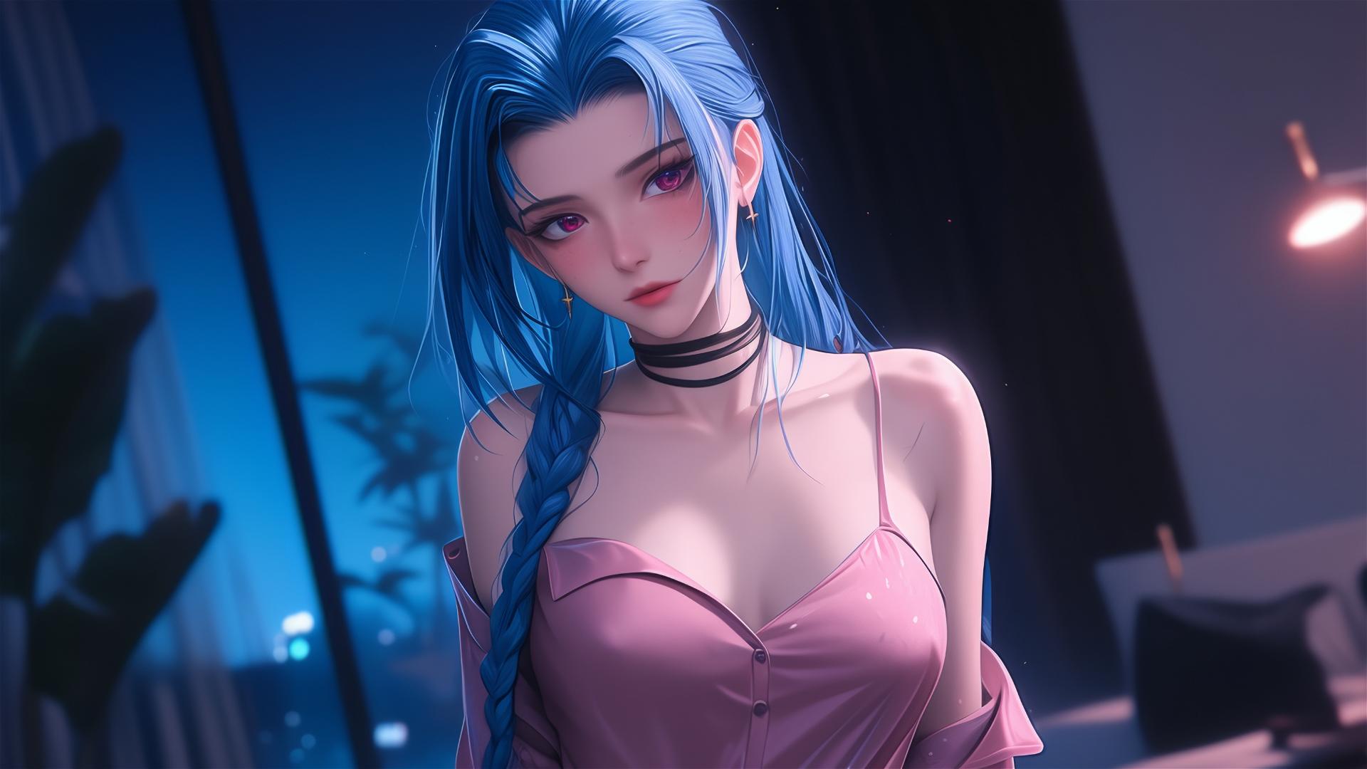 Jinx from League of Legends standing in apartment under moonlight