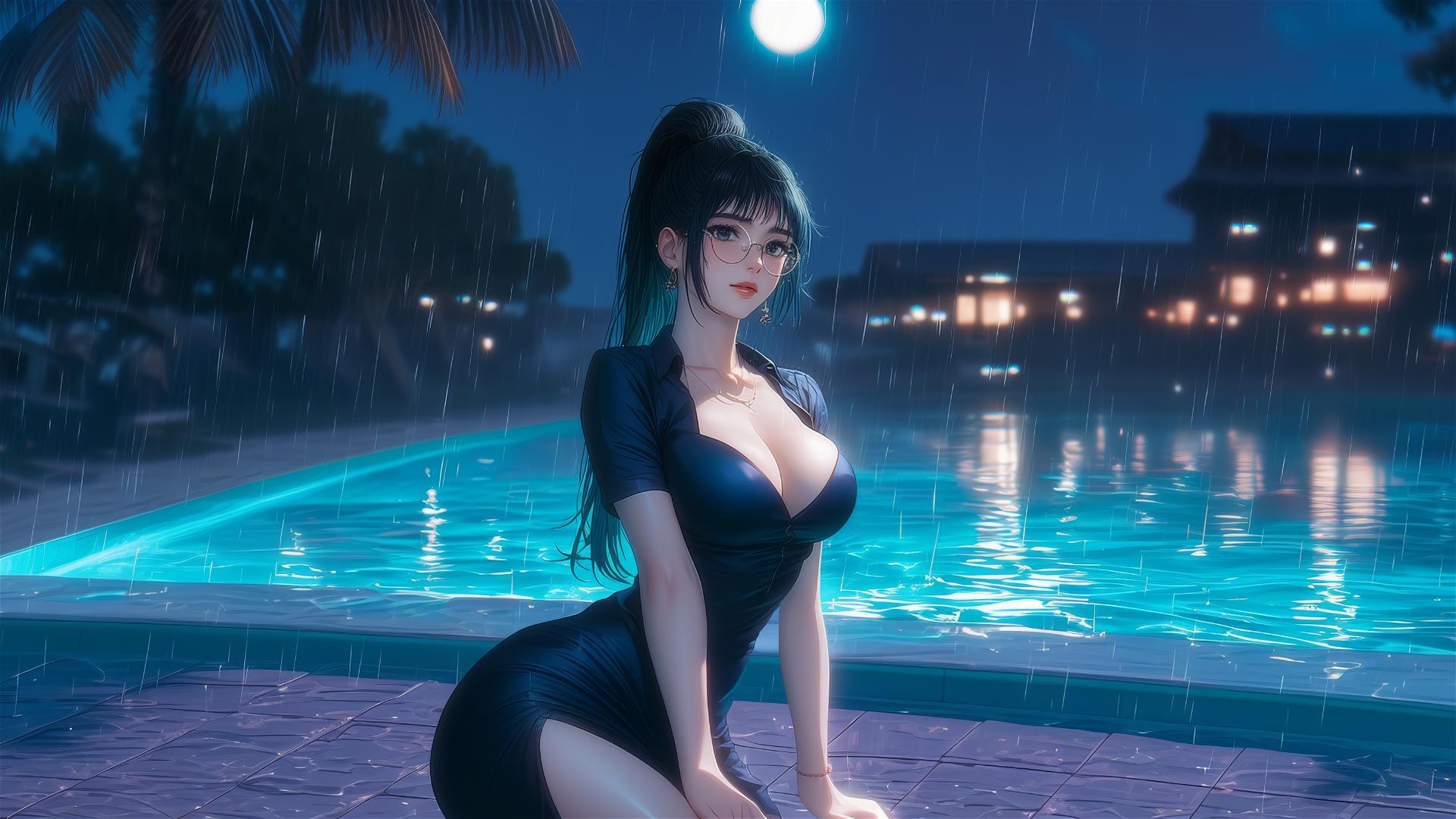 Maki Zenin from Jujutsu Kaisen resting by the pool in moonlight, wearing glasses, rainy.