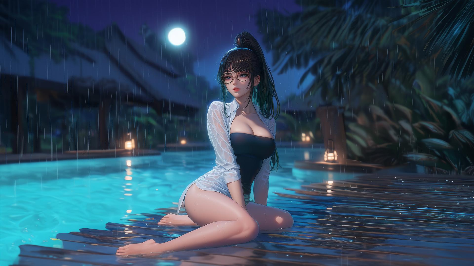 Maki Zenin from Jujutsu Kaisen resting by the pool in moonlight wearing glasses