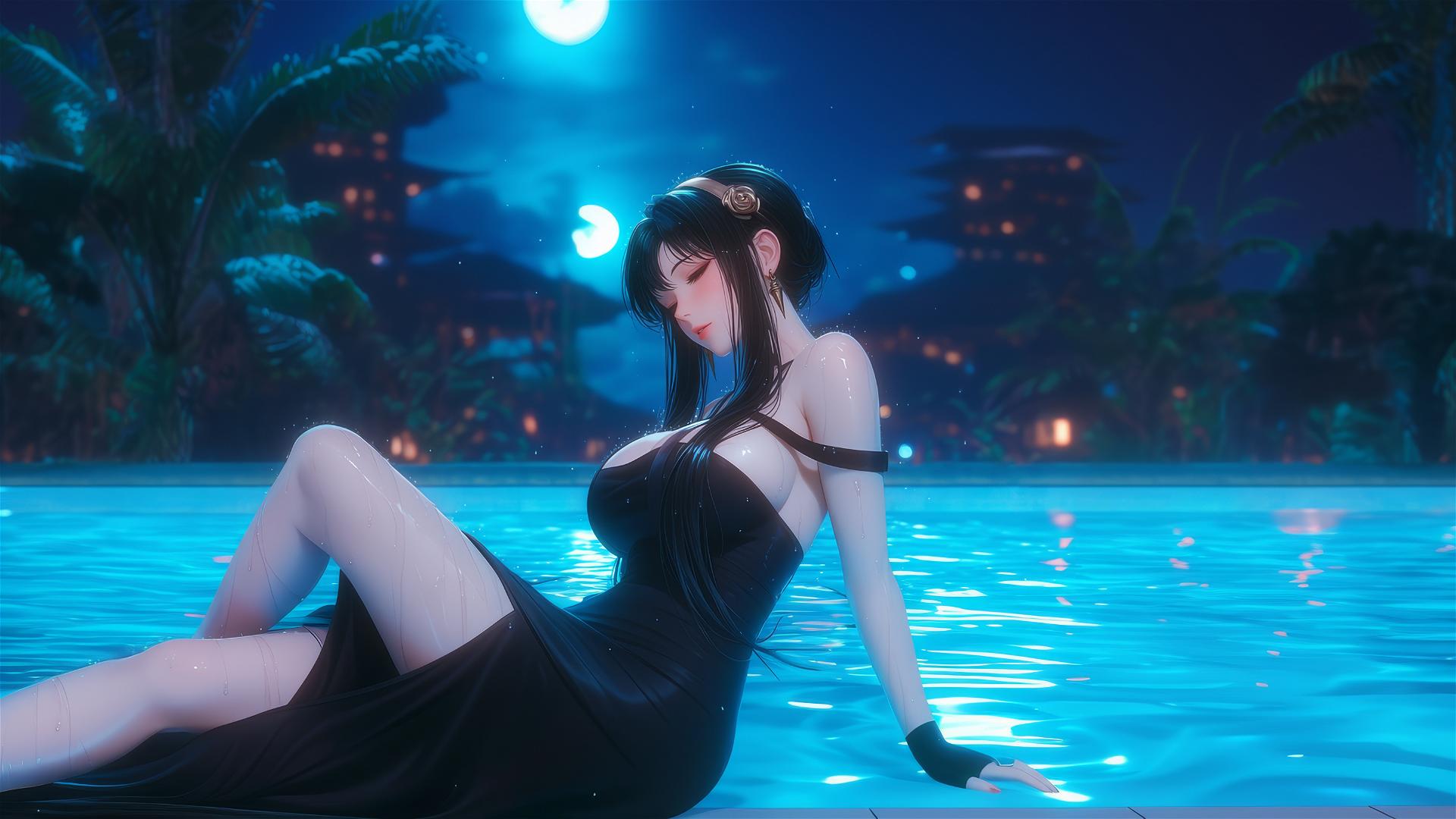 Yor Forger resting by the pool under moonlight