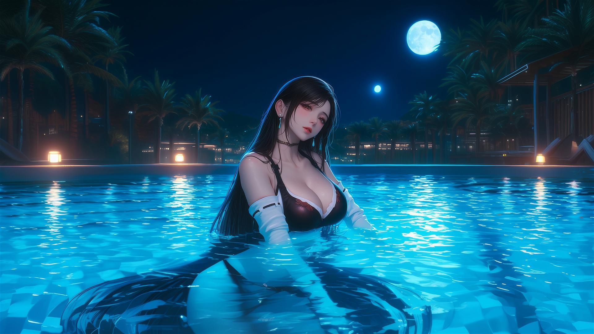 Tifa Lockhart resting at a swimming pool under moonlight
