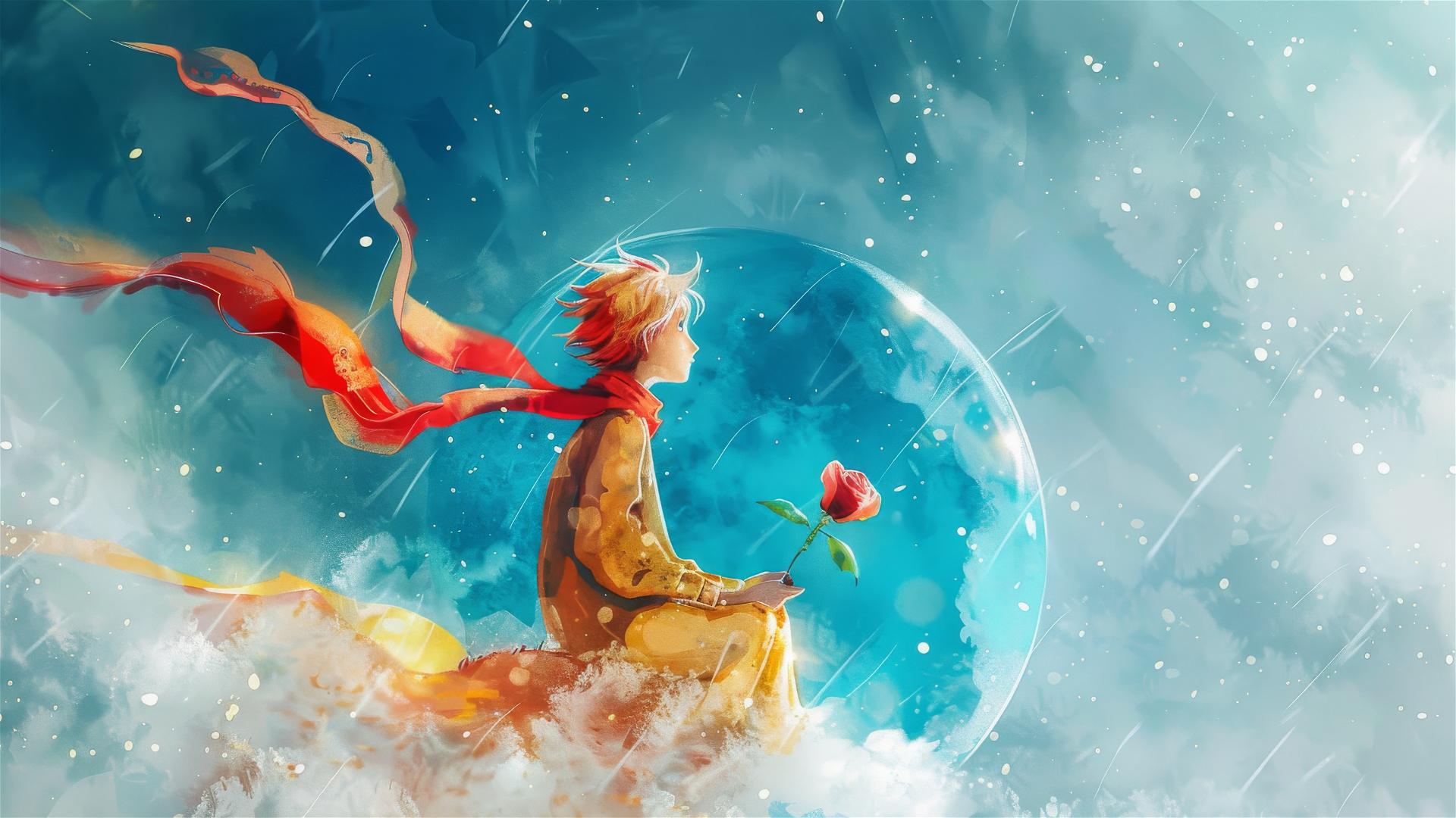 The Little Prince on his planet with a rose in a glass looking at the rainy blue sky, scarf flying, sad yet beautiful watercolor