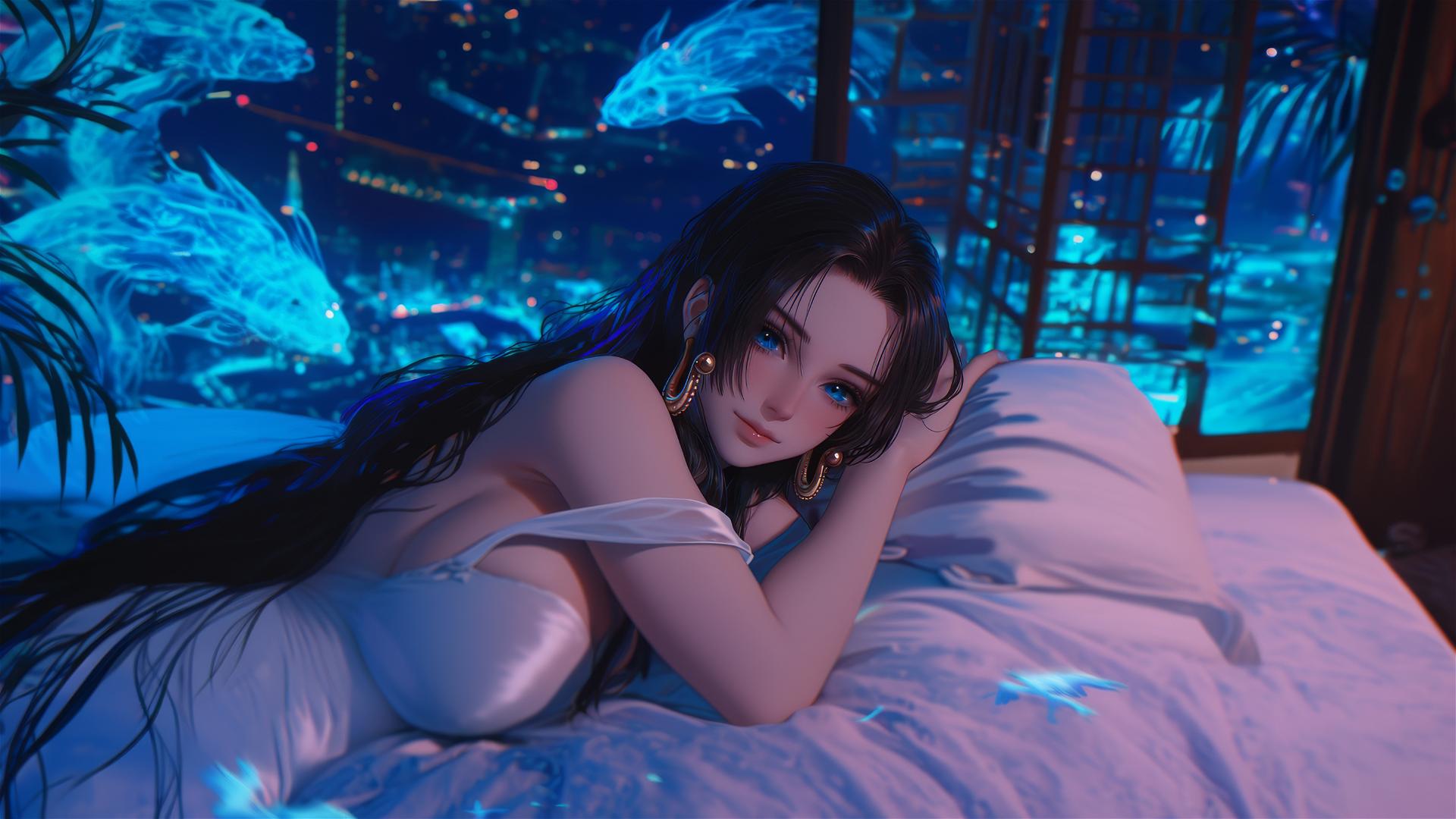 Boa Hancock from One Piece in bed, neon, pink background, anime style