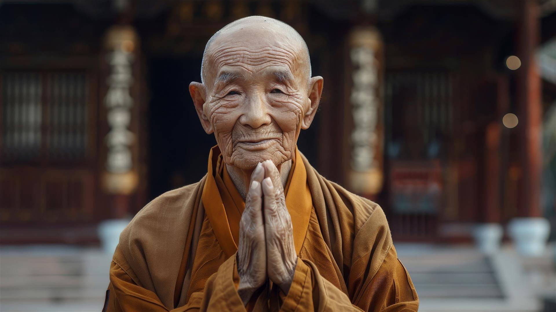 Elderly Chinese monk with folded hands in temple courtyard