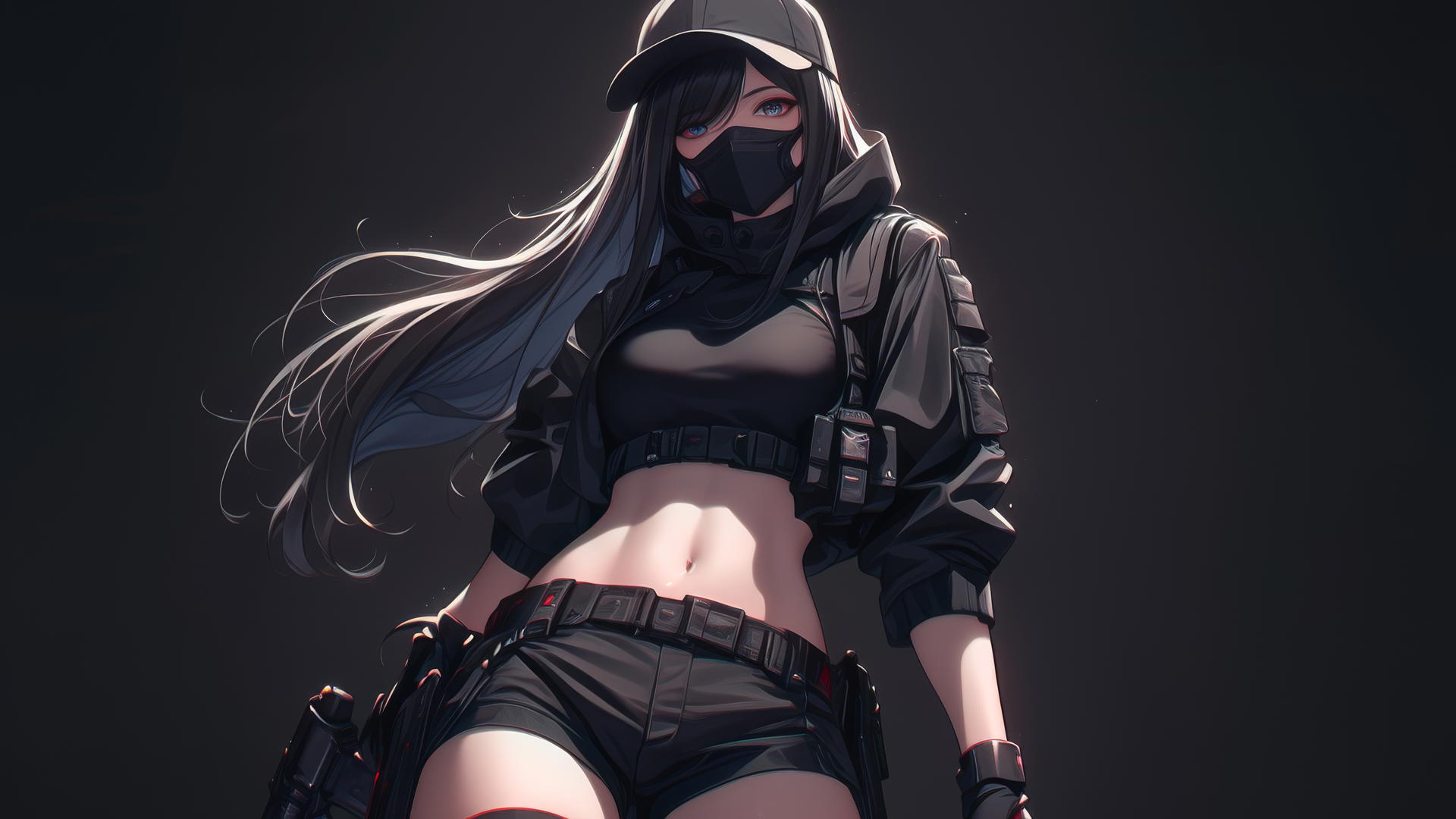 Tactical school girl with dark mask, spotlighted thigh pose