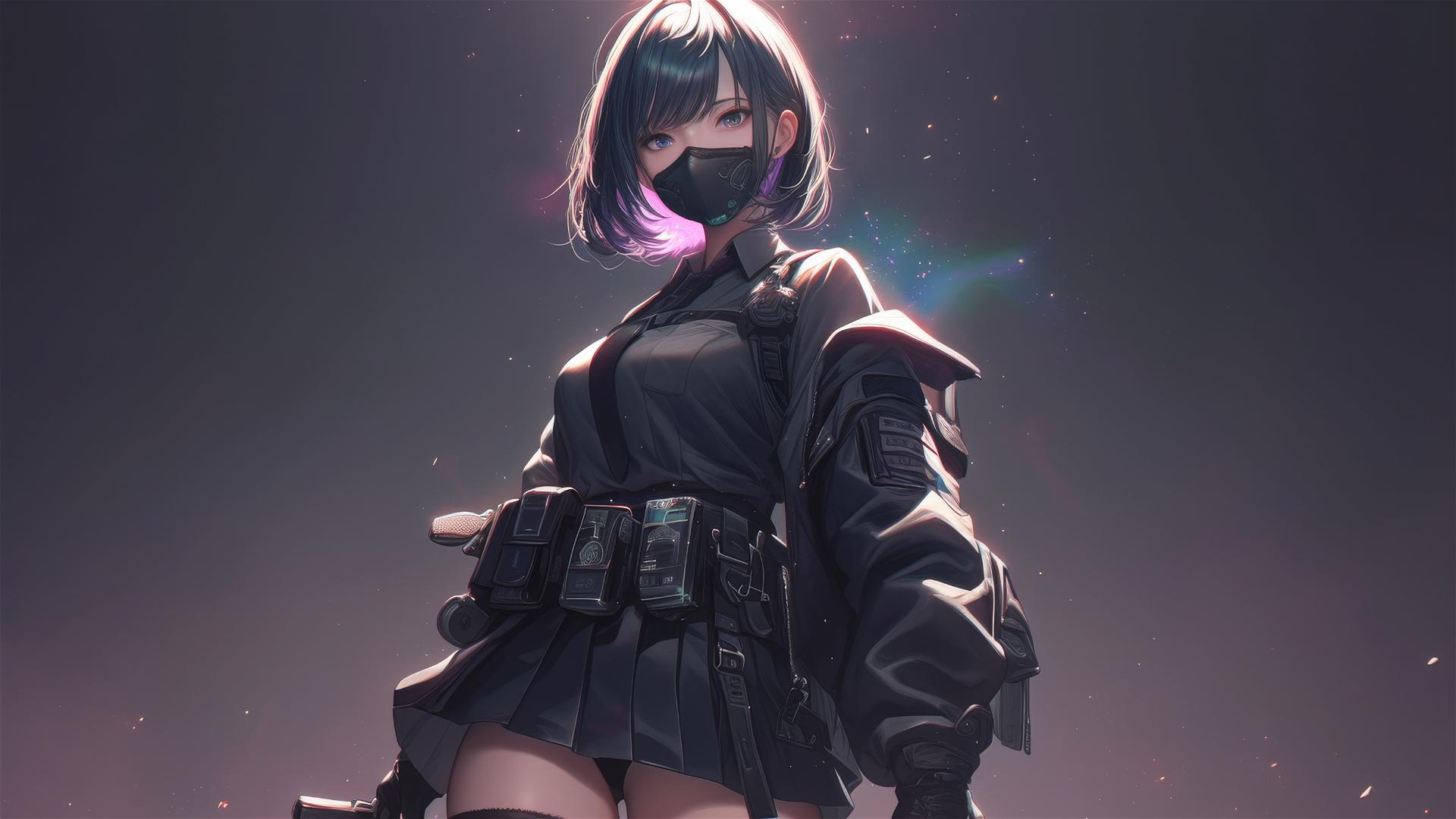 Tactical schoolgirl with mask and thigh highlight on dark background