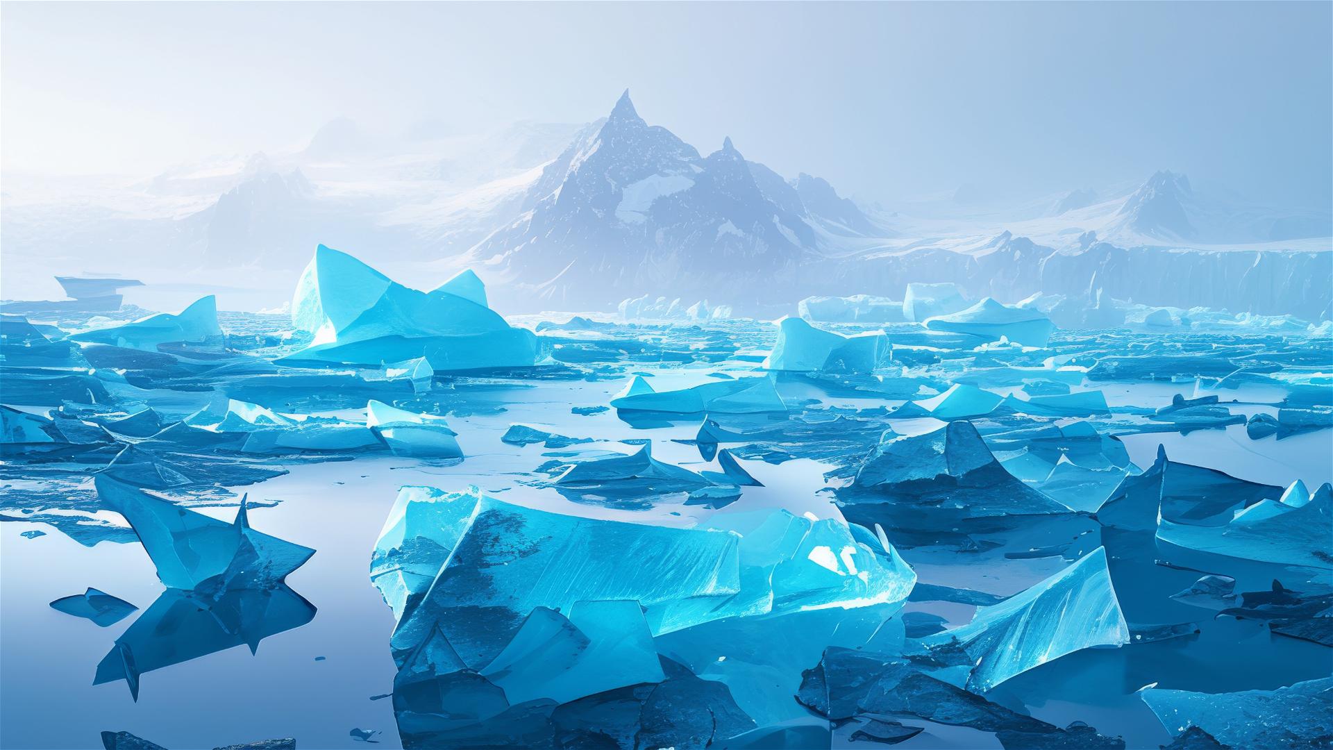 Glacier lagoon with icebergs under midnight sun
