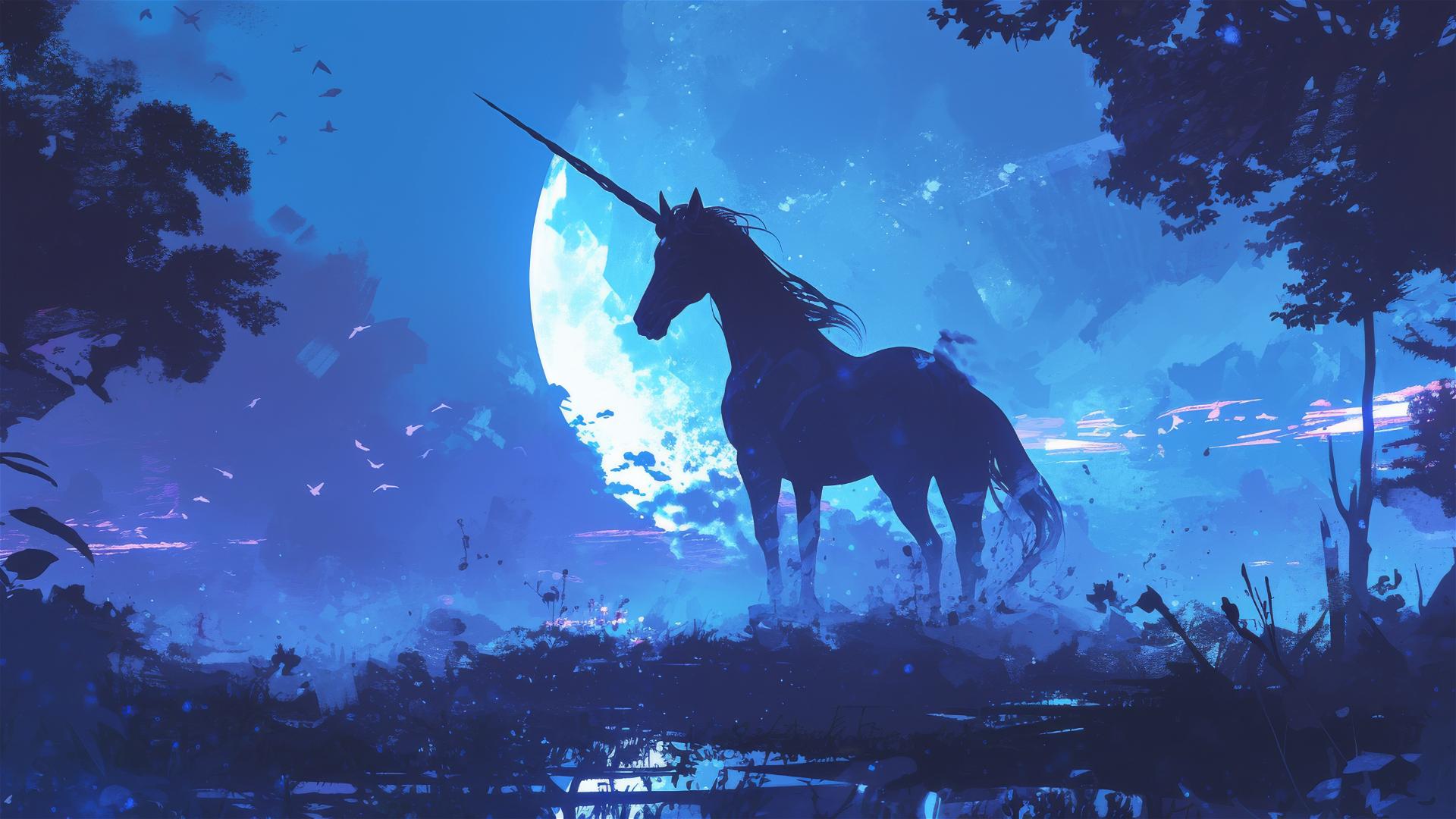Silhouette of a unicorn under a starlit sky.