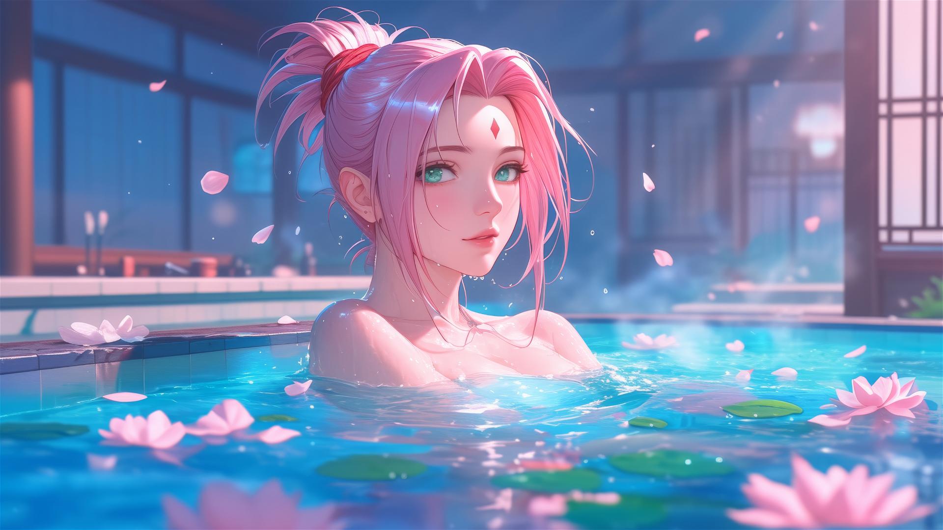 Sakura Haruno from Naruto in a flower-filled tub at a Chinese spa.