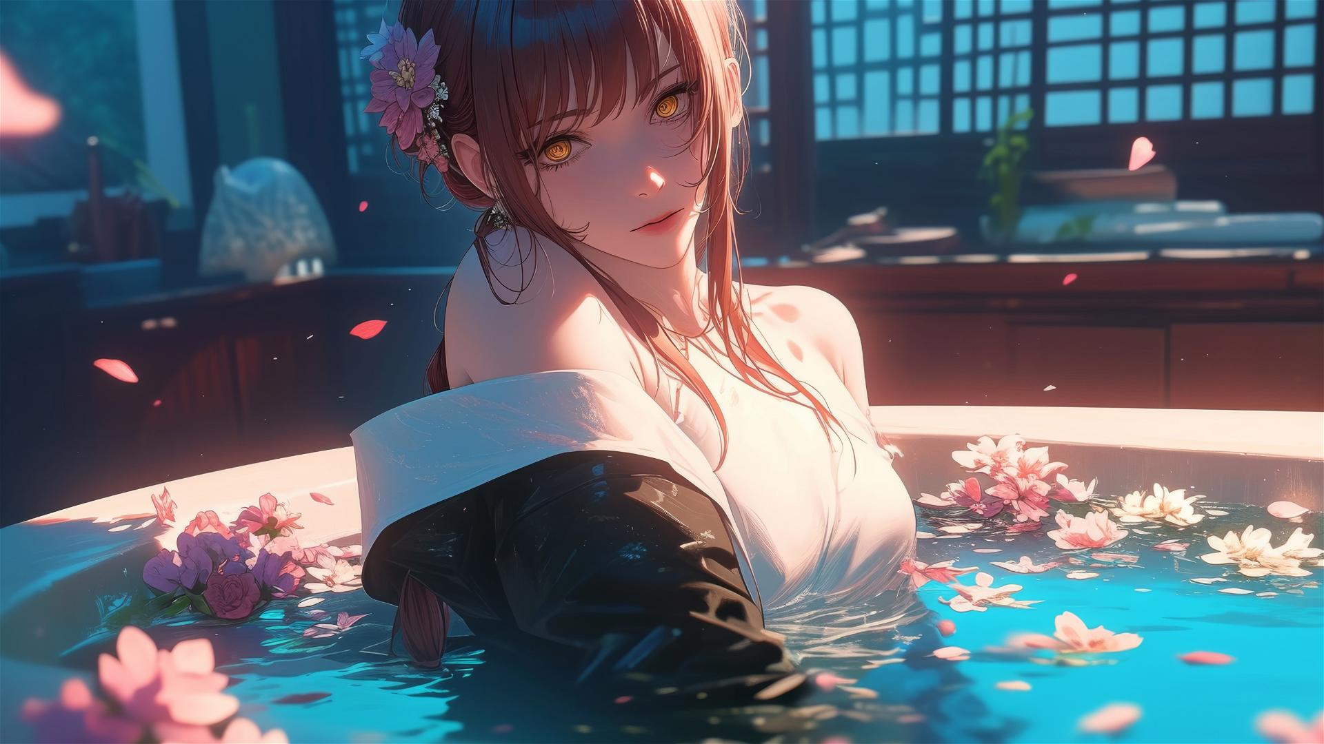 Makima from Chainsaw Man in a flower-filled tub at a Chinese spa.
