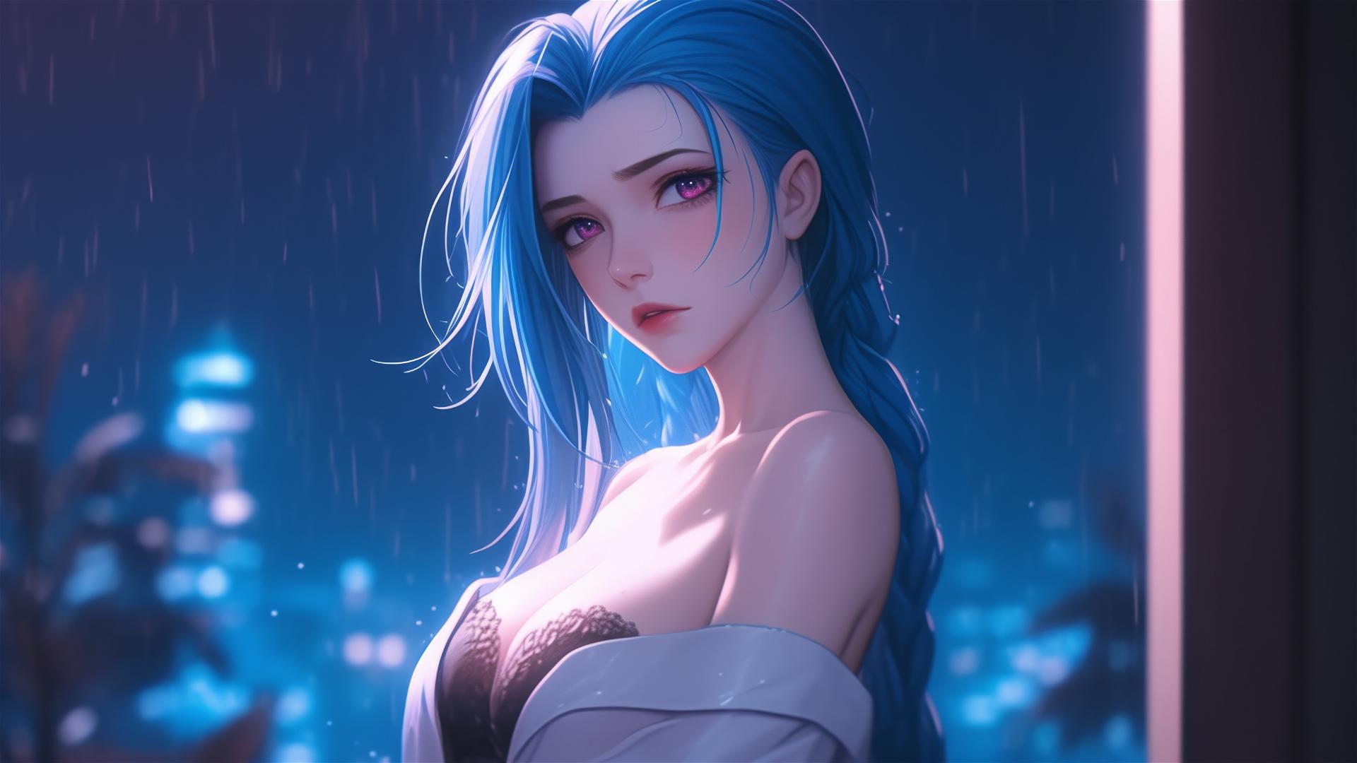 Jinx from League of Legends standing in an apartment illuminated by moonlight.