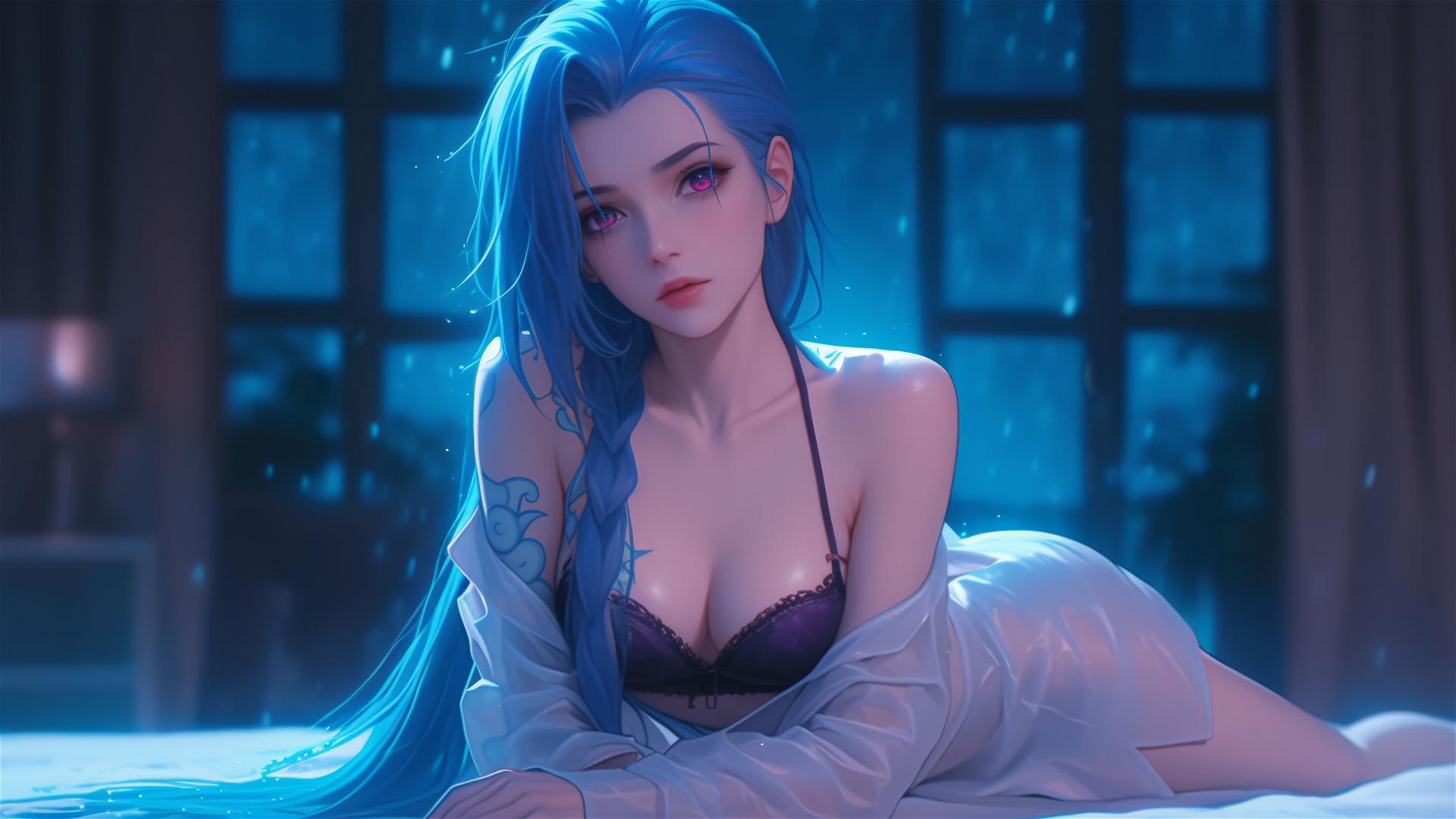 Jinx from League of Legends resting in an apartment with moonlight glow