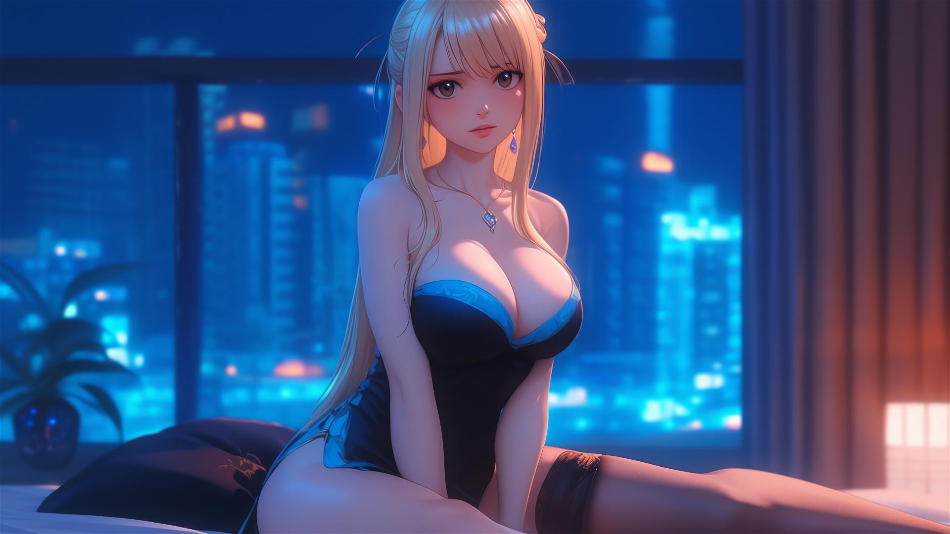 Lucy Heartfilia resting in a modern hotel room under soft moonlight.