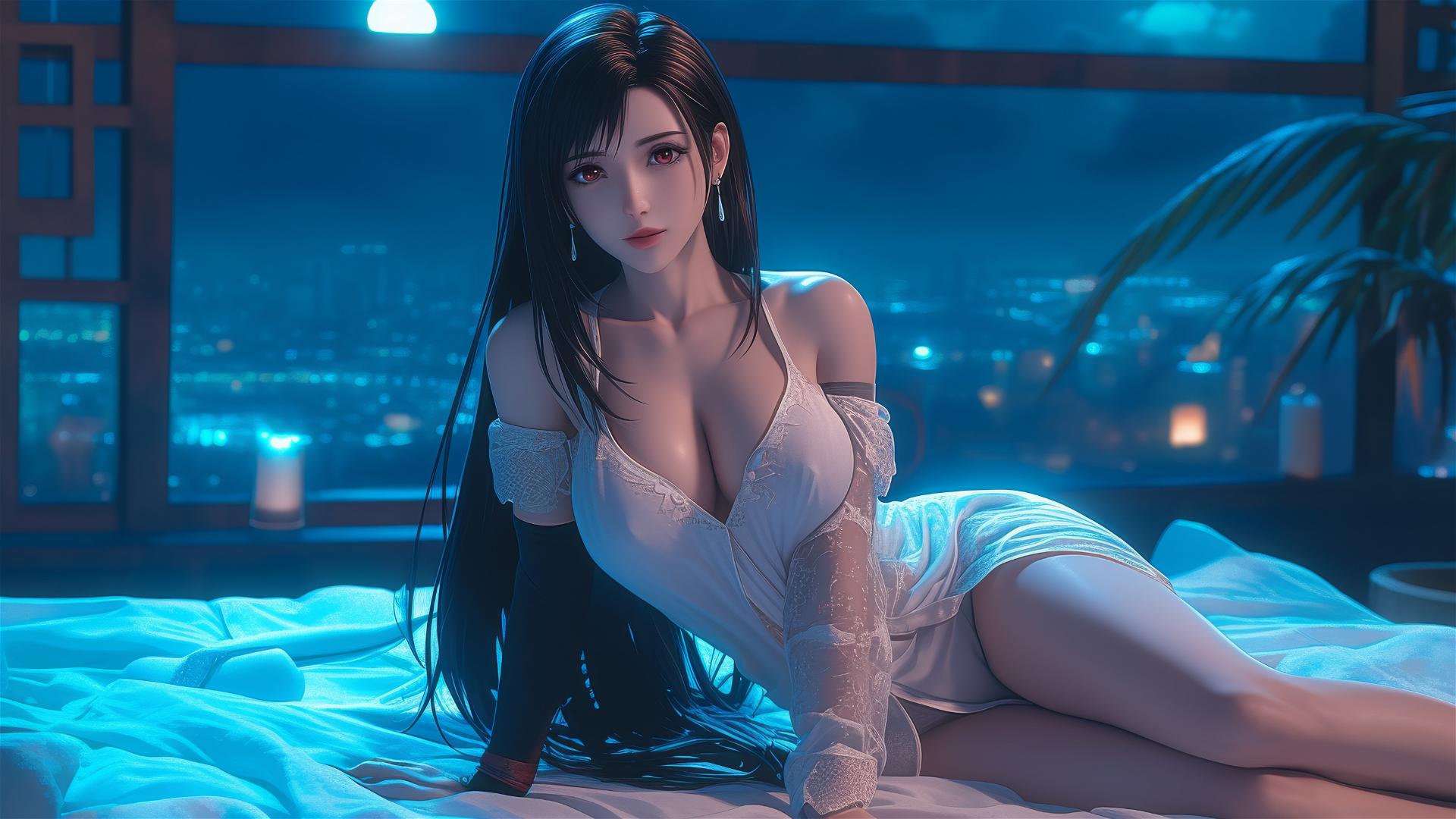 Tifa Lockhart resting in white pajamas under moonlight