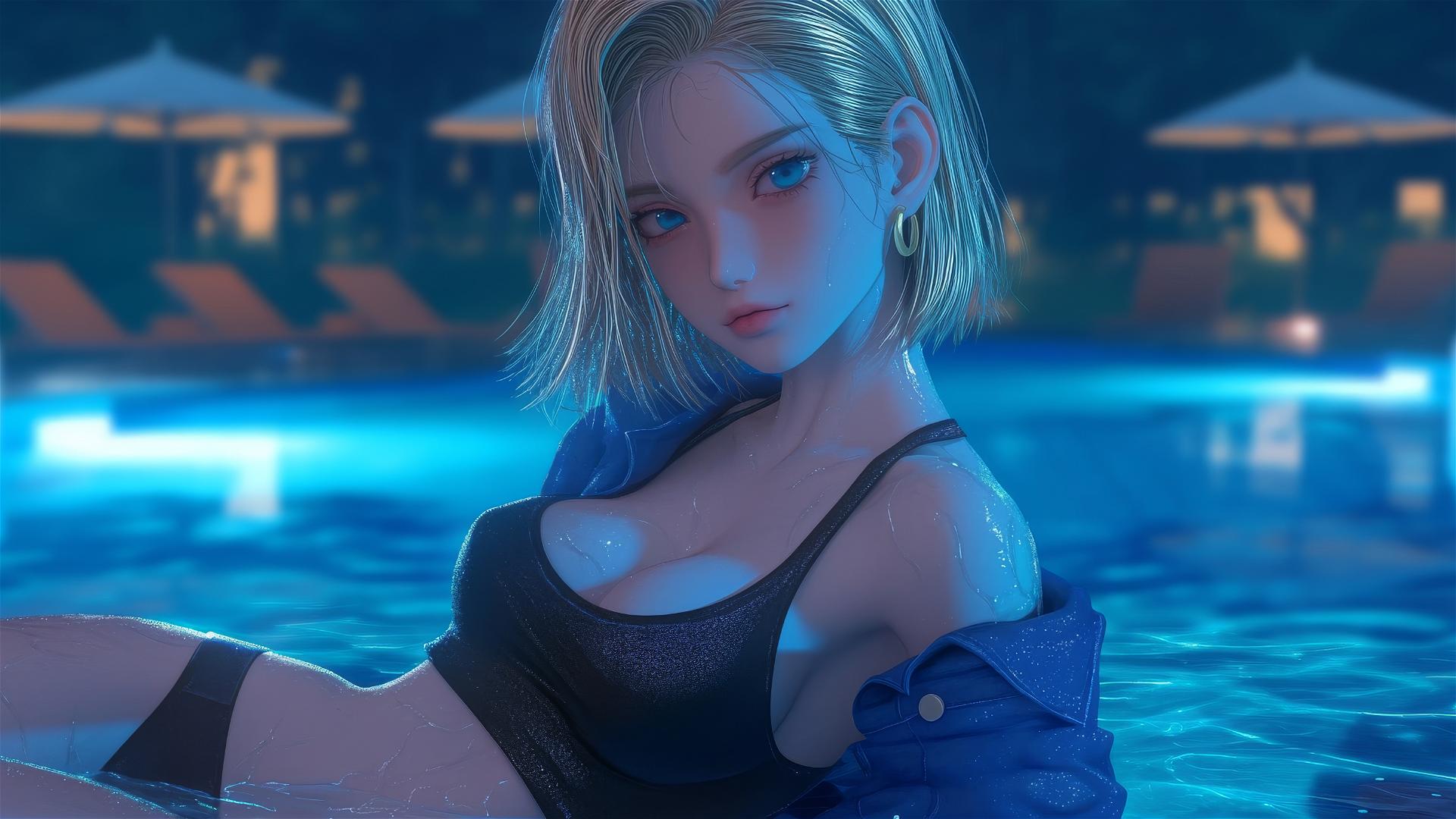 Android 18 resting by a rainy swimming pool under moonlight.