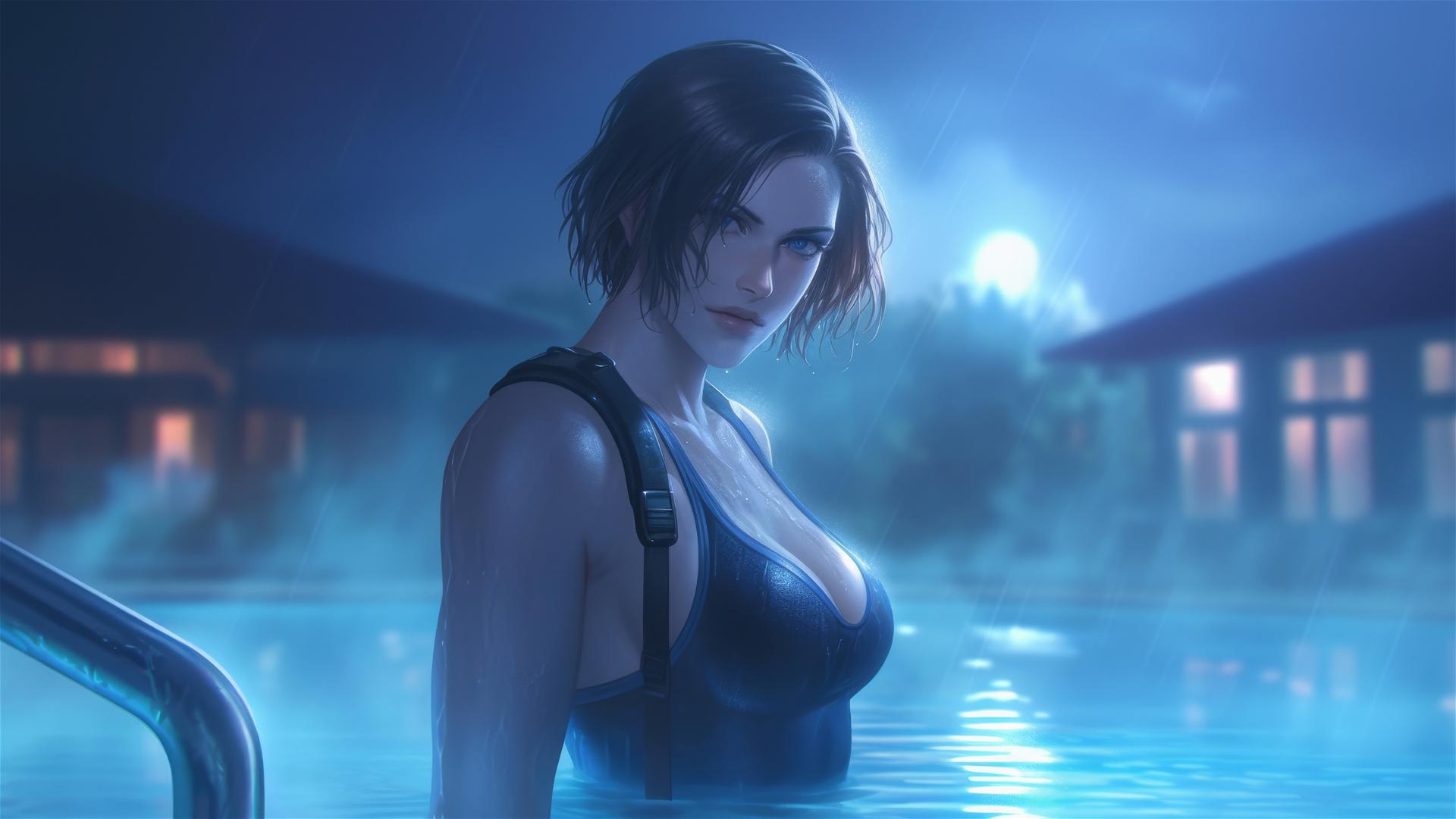 Jill Valentine standing in a rainy swimming pool under moonlight