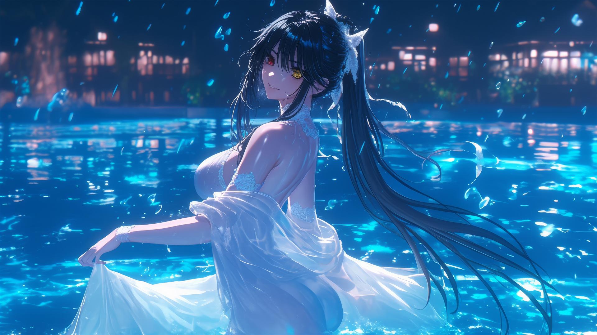 Kurumi Tokisaki in a white dress in a rainy pool with moonlight